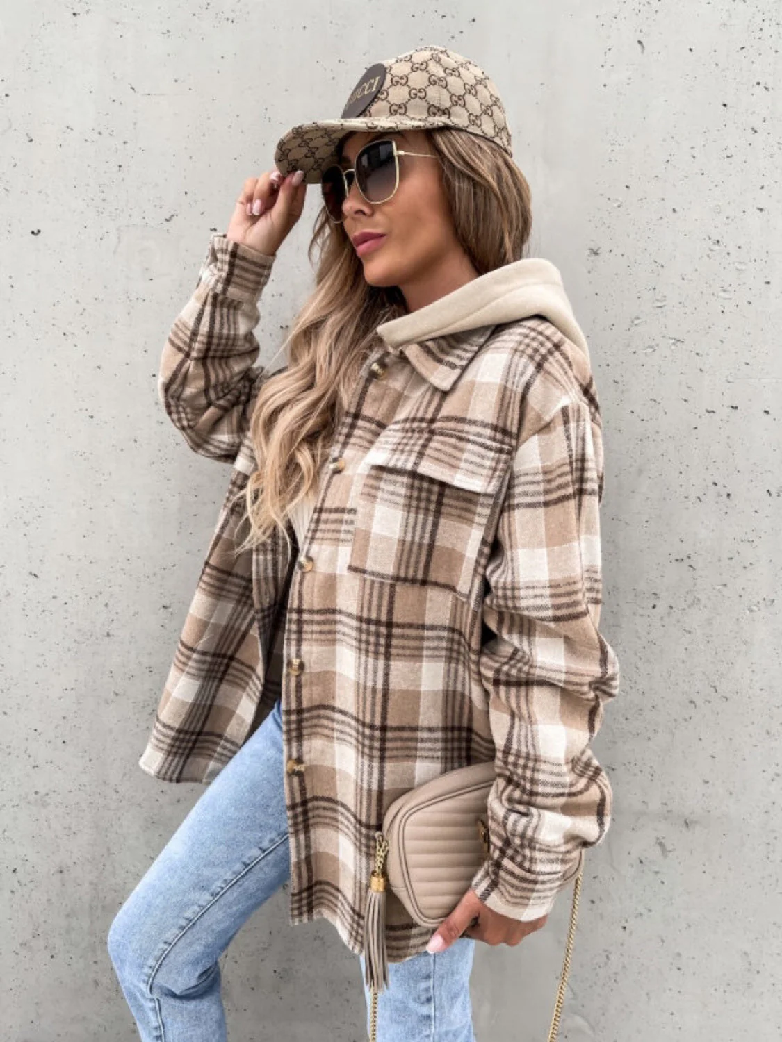 Plaid Dropped Shoulder Hooded Jacket - Image 3