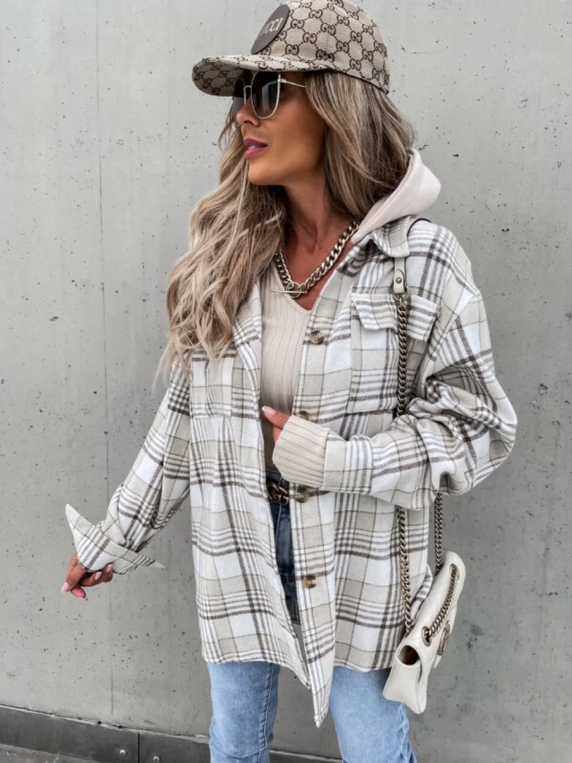 Plaid Dropped Shoulder Hooded Jacket - Image 5