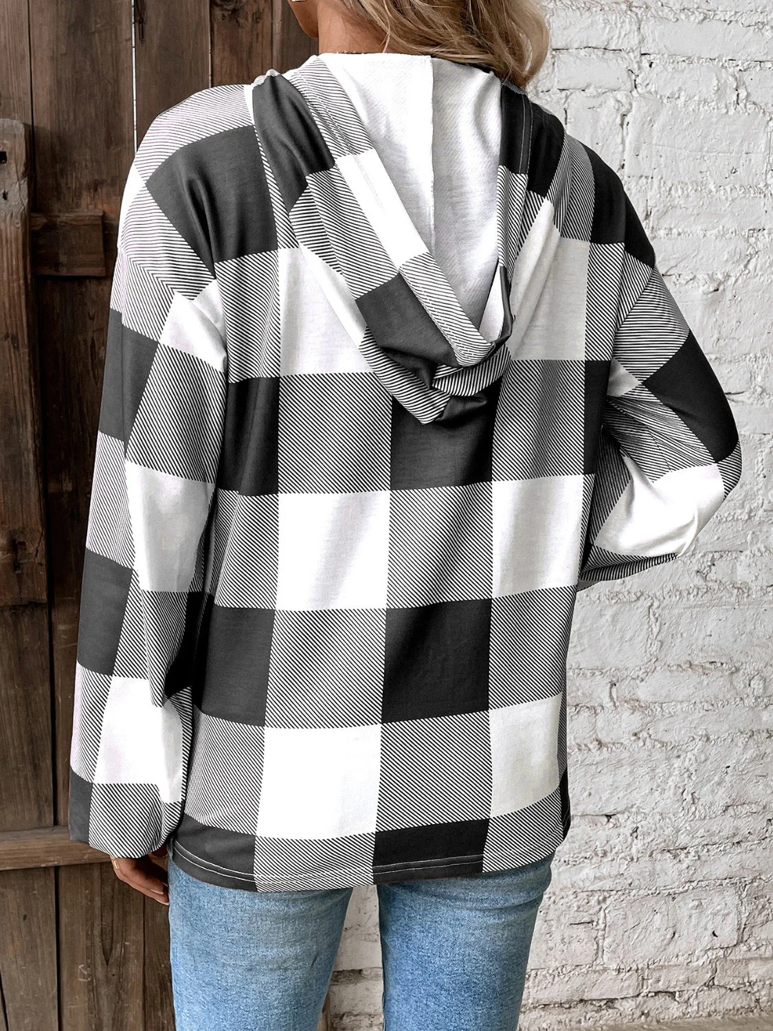 Plaid Dropped Shoulder Long Sleeve Hoodie - Image 2
