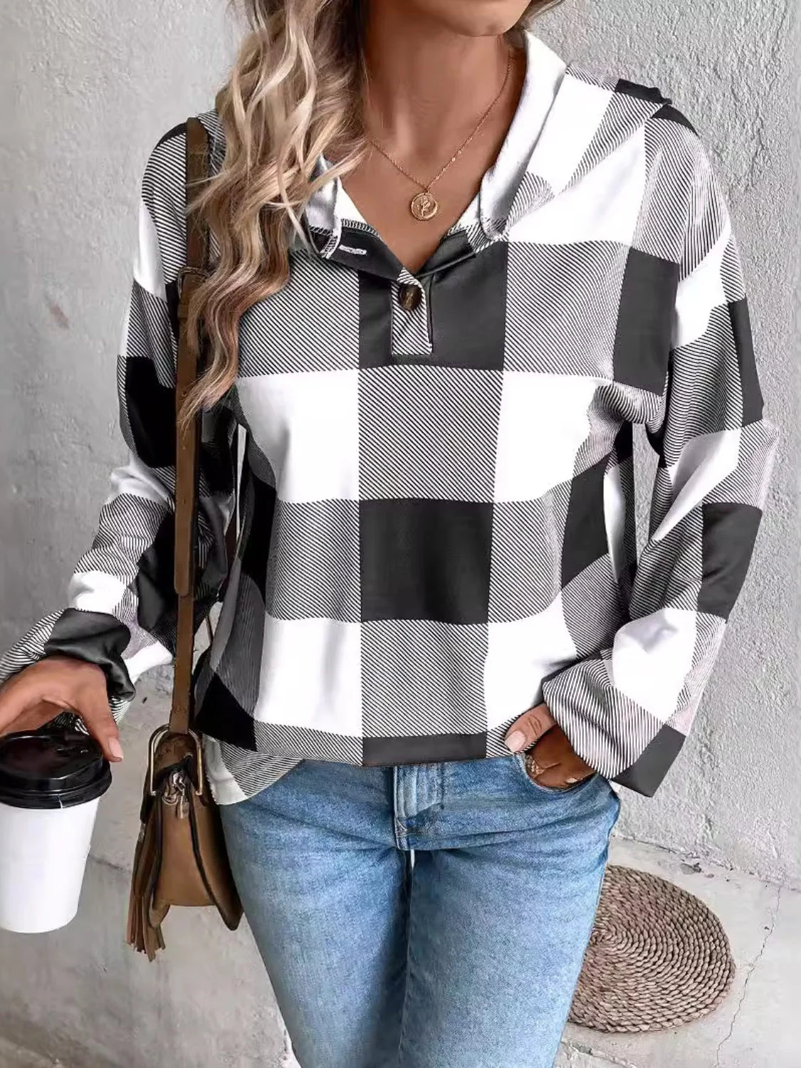 Plaid Dropped Shoulder Long Sleeve Hoodie - Image 3