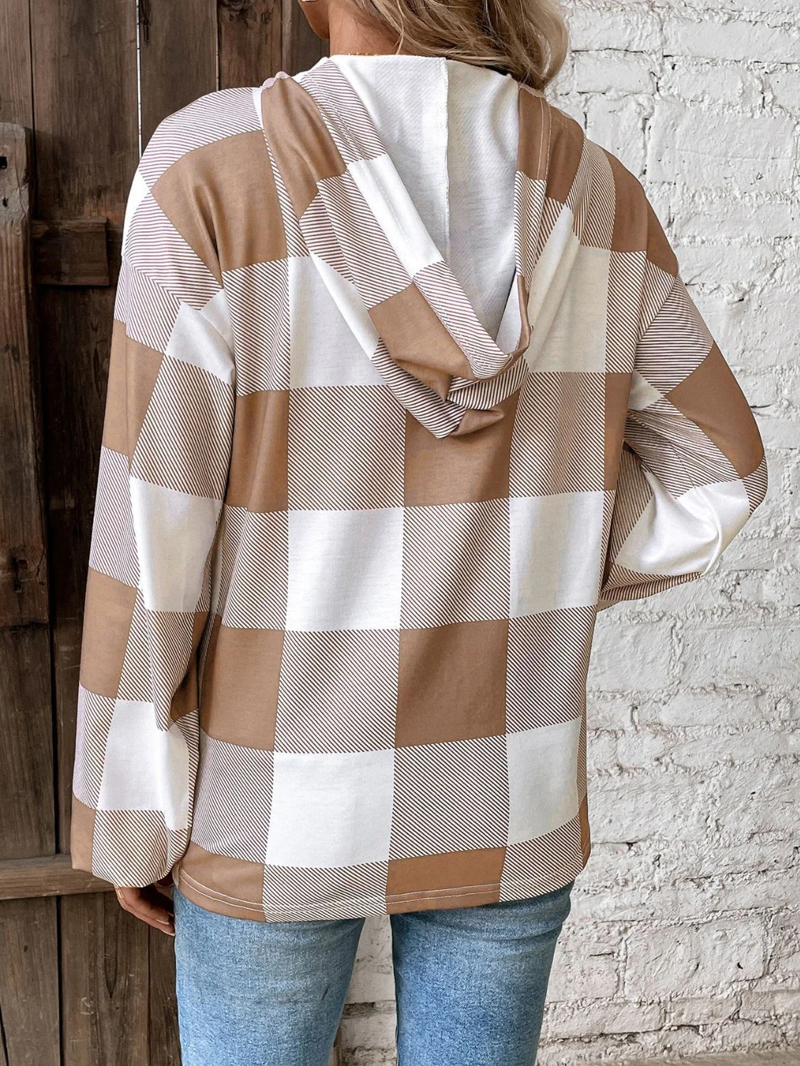Plaid Dropped Shoulder Long Sleeve Hoodie - Image 6