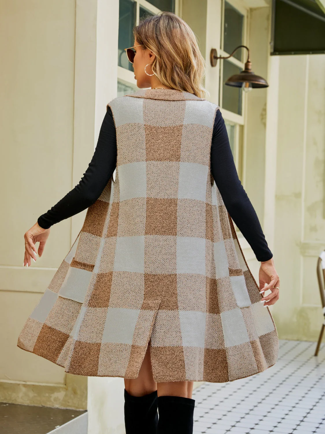 Plaid Lapel Collar Sleeveless Cardigan - Image 16