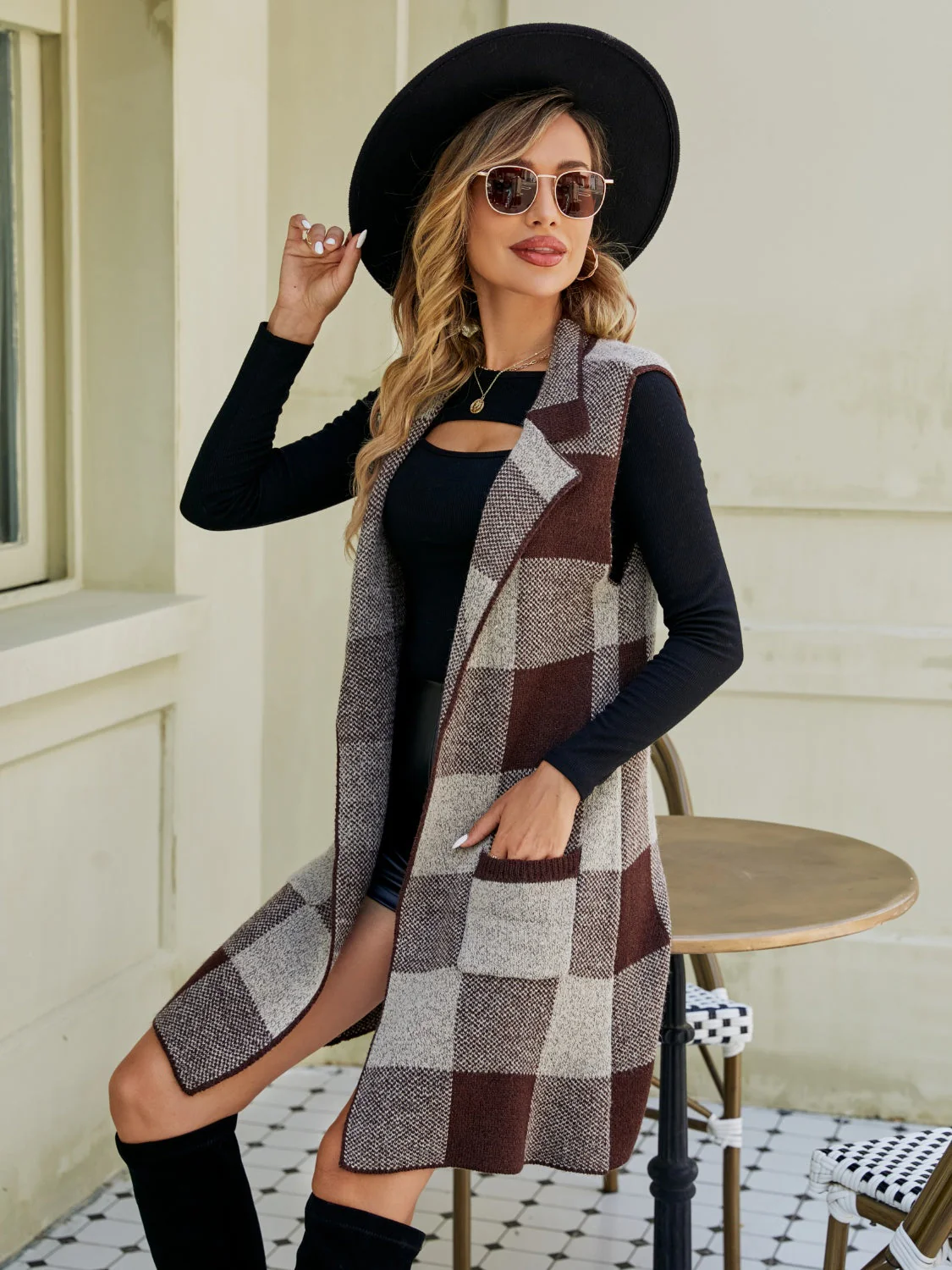 Plaid Lapel Collar Sleeveless Cardigan - Image 17