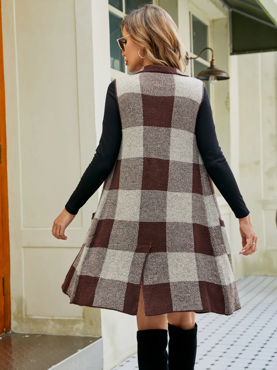 Plaid Lapel Collar Sleeveless Cardigan - Image 20