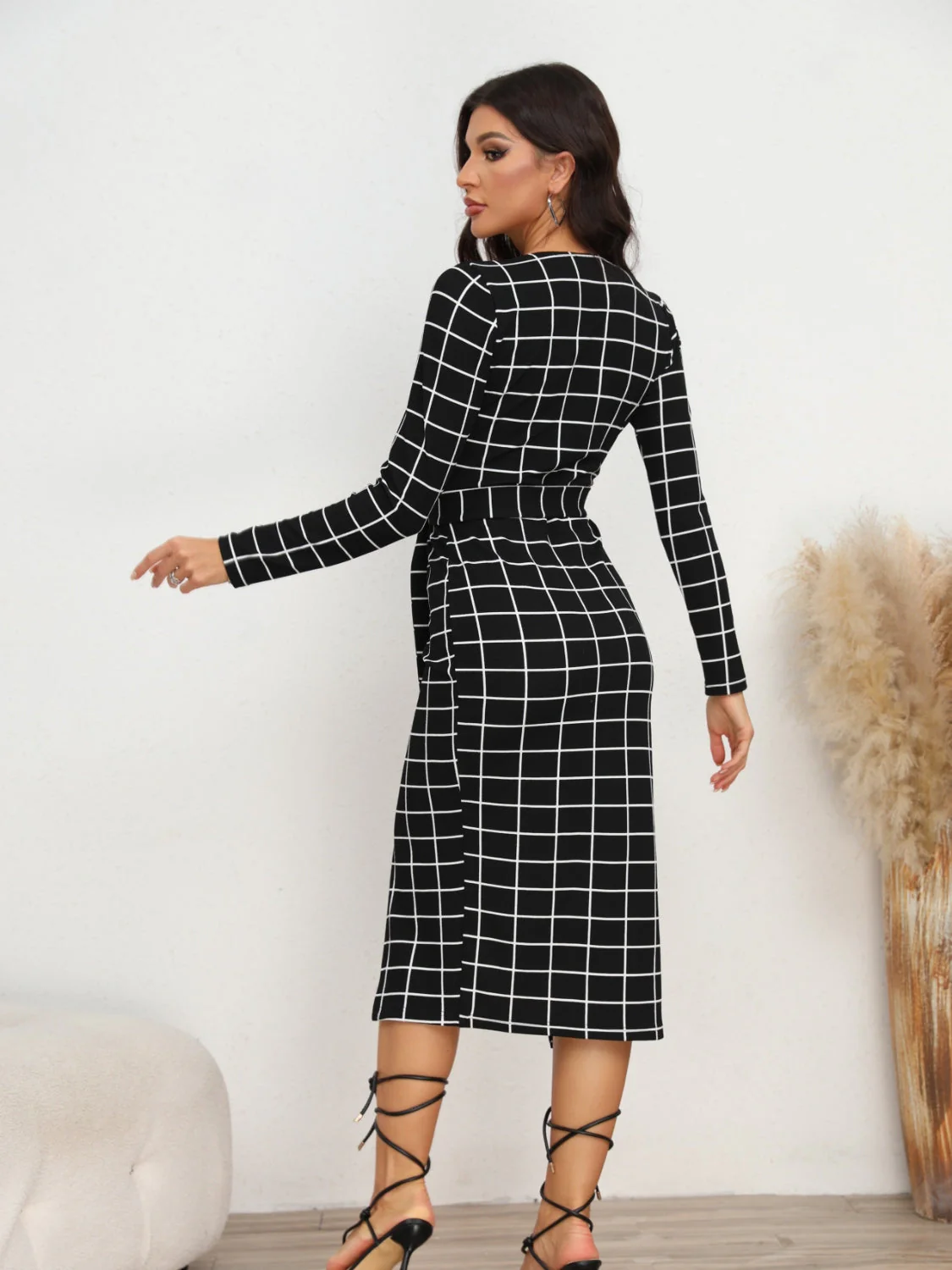 Plaid Long Sleeve Slit Dress - Image 2