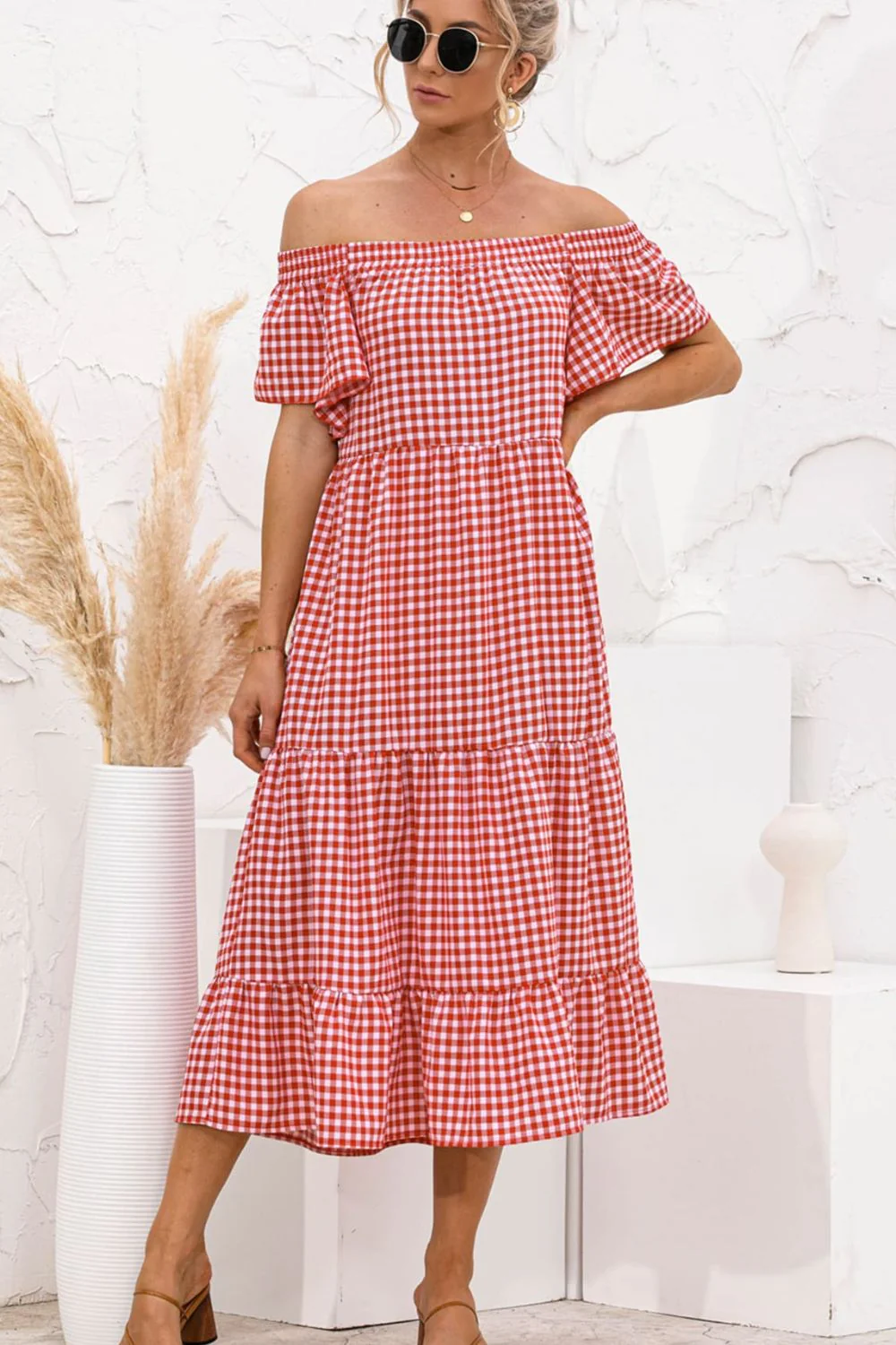 Plaid Off-Shoulder Tiered Midi Dress - Image 2