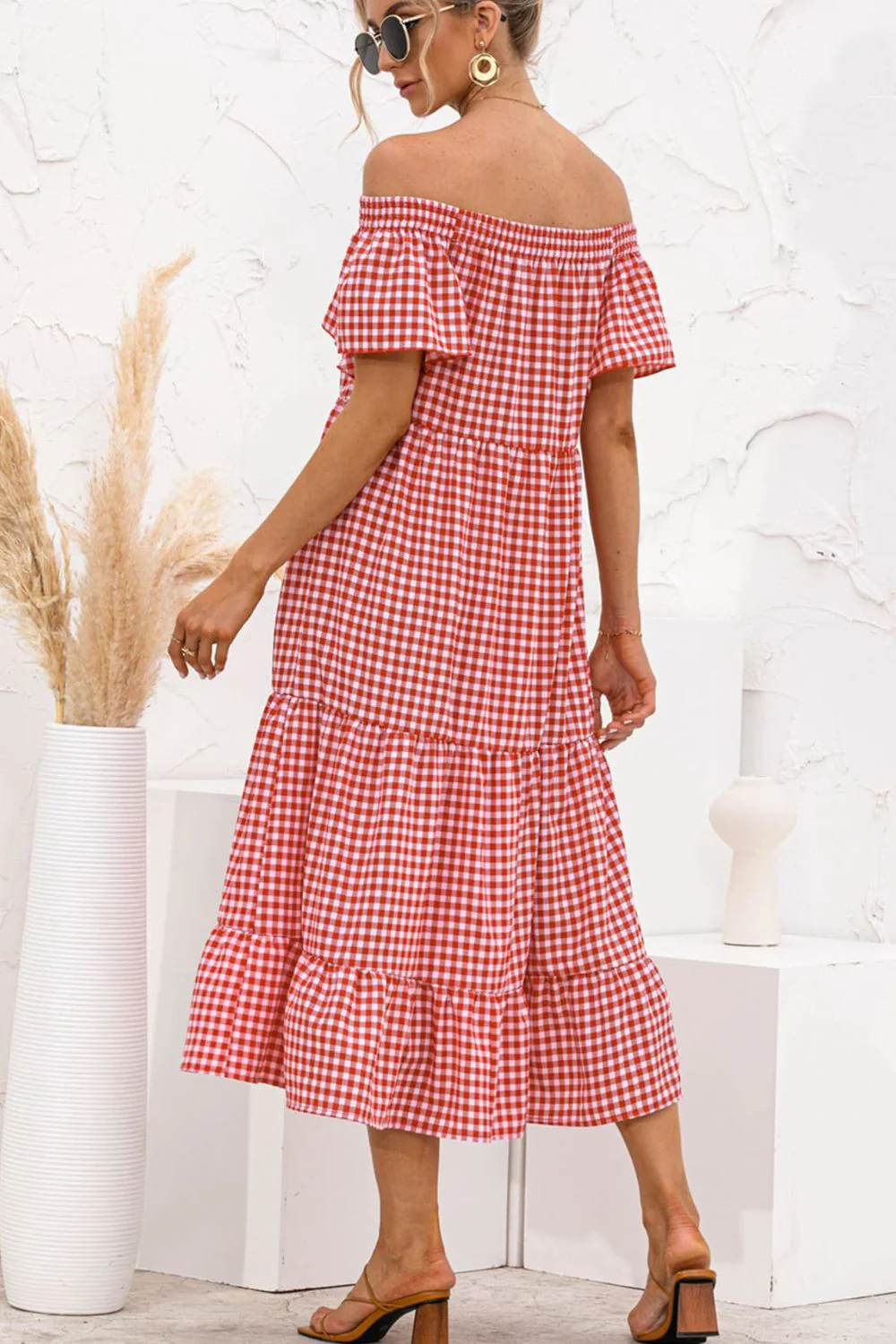 Plaid Off-Shoulder Tiered Midi Dress - Image 3