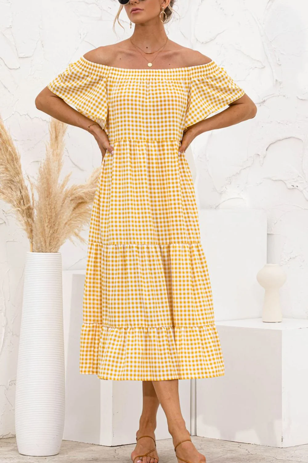 Plaid Off-Shoulder Tiered Midi Dress - Image 4