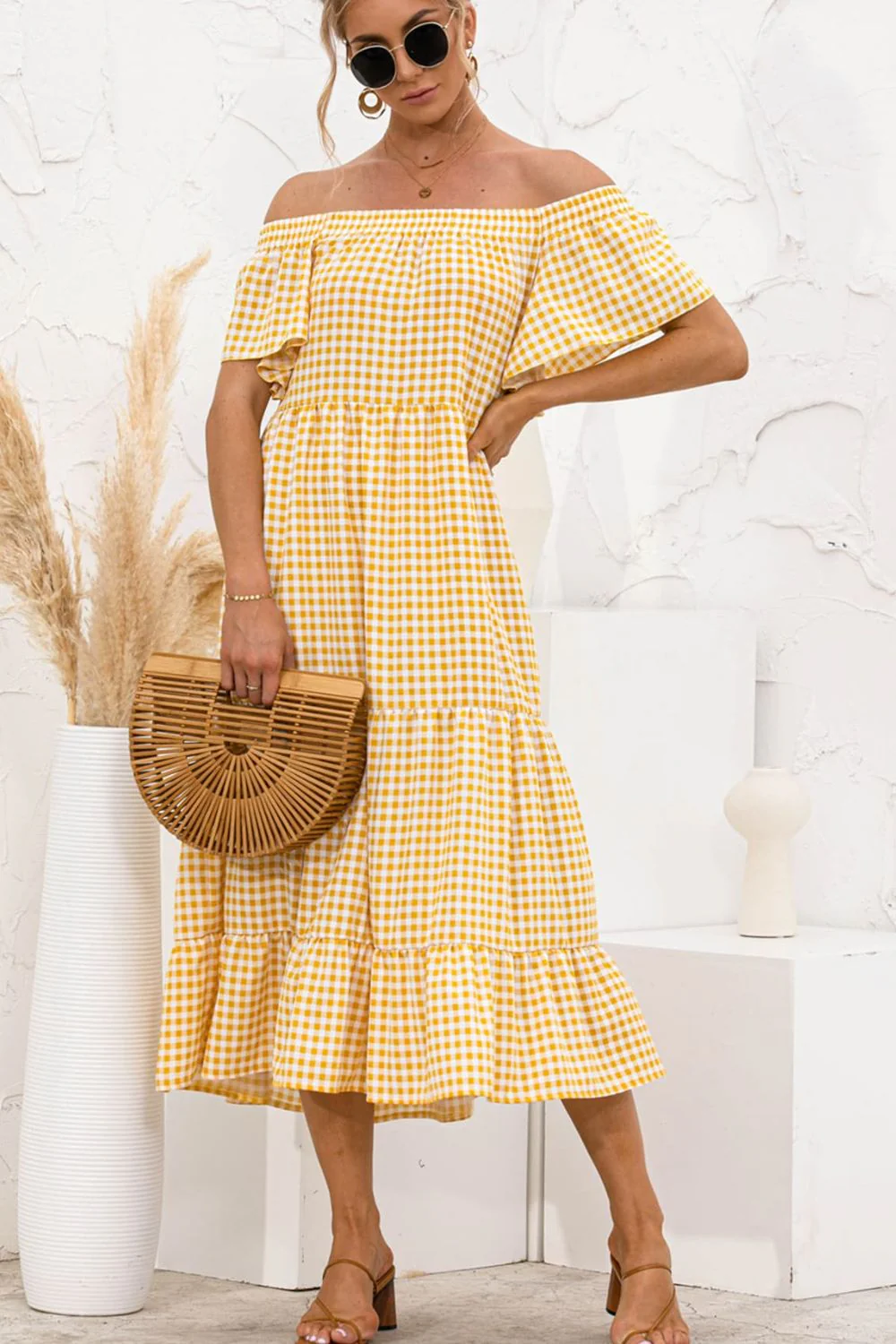 Plaid Off-Shoulder Tiered Midi Dress - Image 5