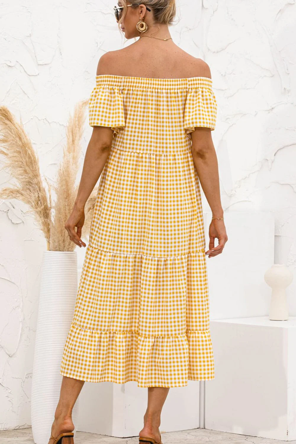 Plaid Off-Shoulder Tiered Midi Dress - Image 6