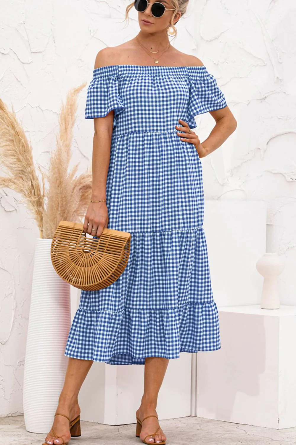 Plaid Off-Shoulder Tiered Midi Dress - Image 7