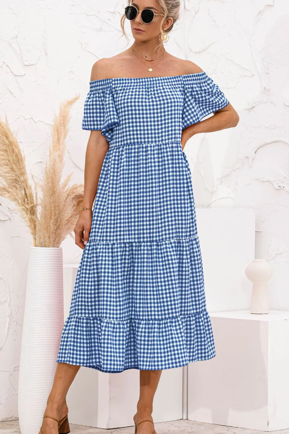 Plaid Off-Shoulder Tiered Midi Dress - Image 8