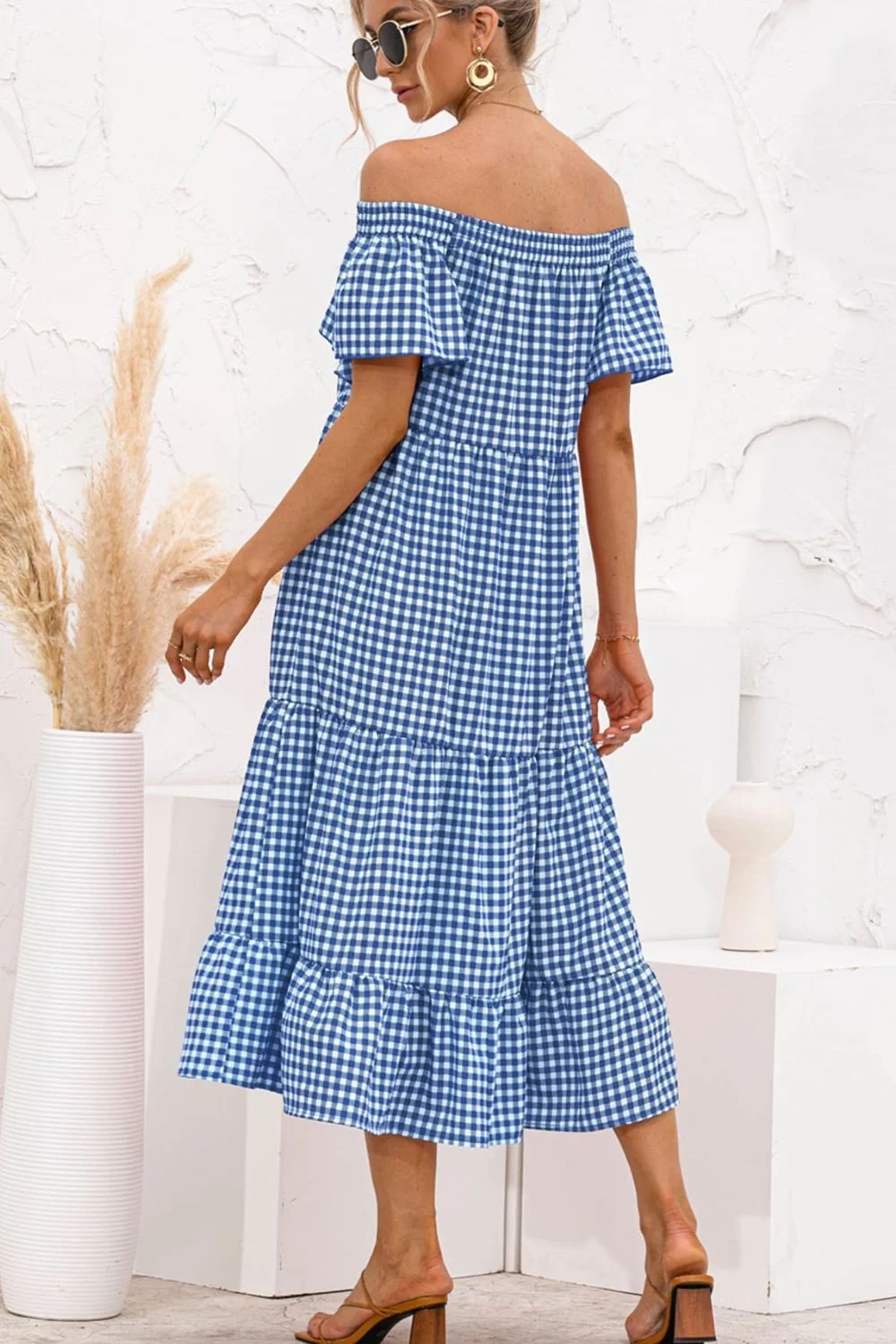 Plaid Off-Shoulder Tiered Midi Dress - Image 9