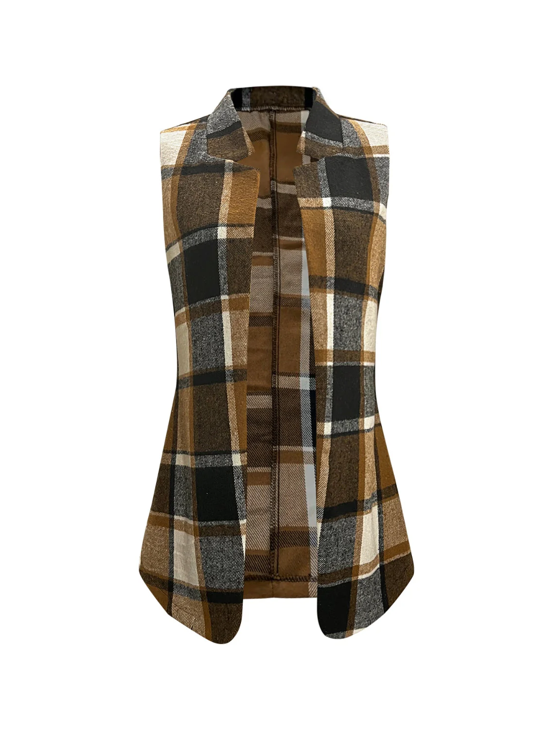 Plaid Open Front Collared Neck Vest - Image 2