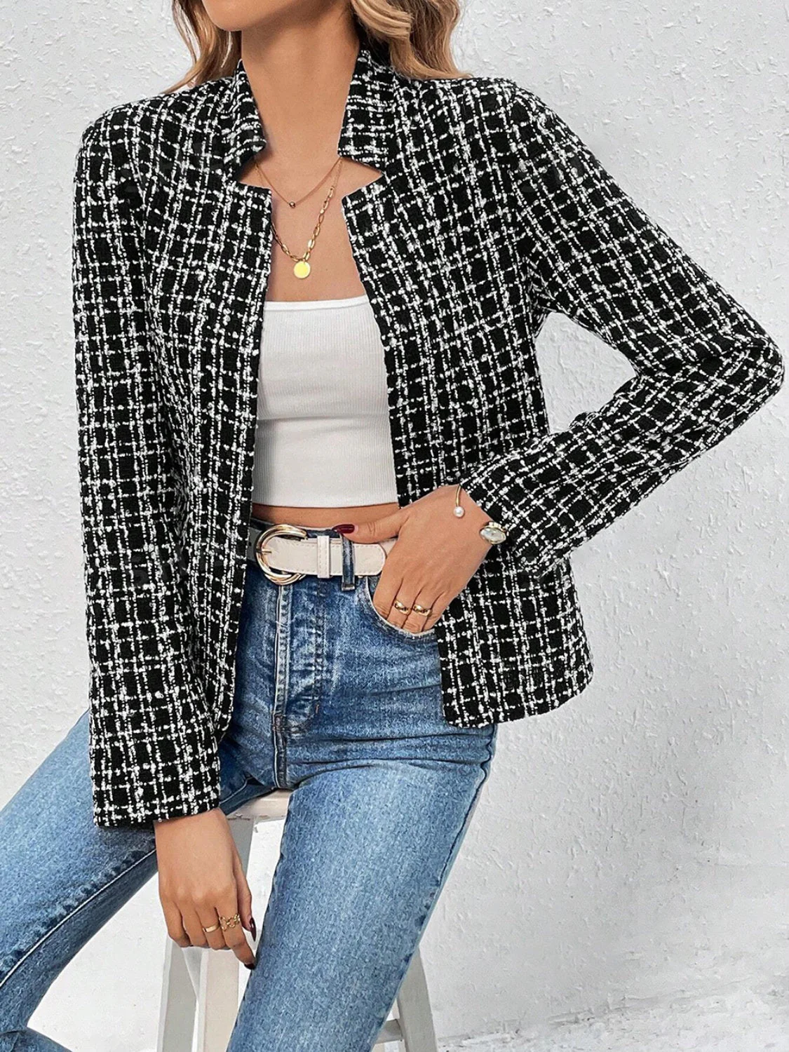 Plaid Open Front Long Sleeve Jacket - Image 10