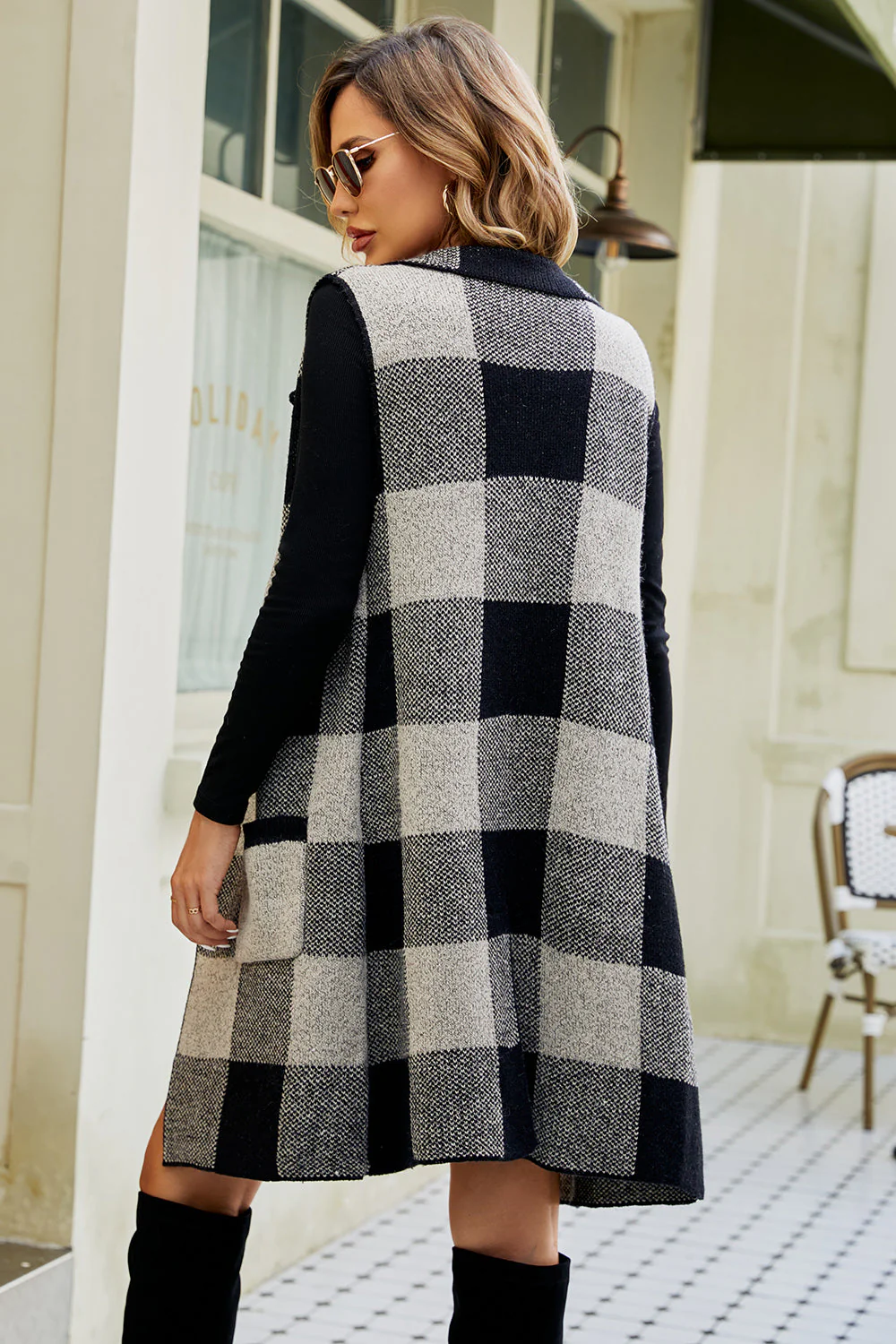 Plaid Open Front Sleeveless Cardigan with Pockets - Image 2