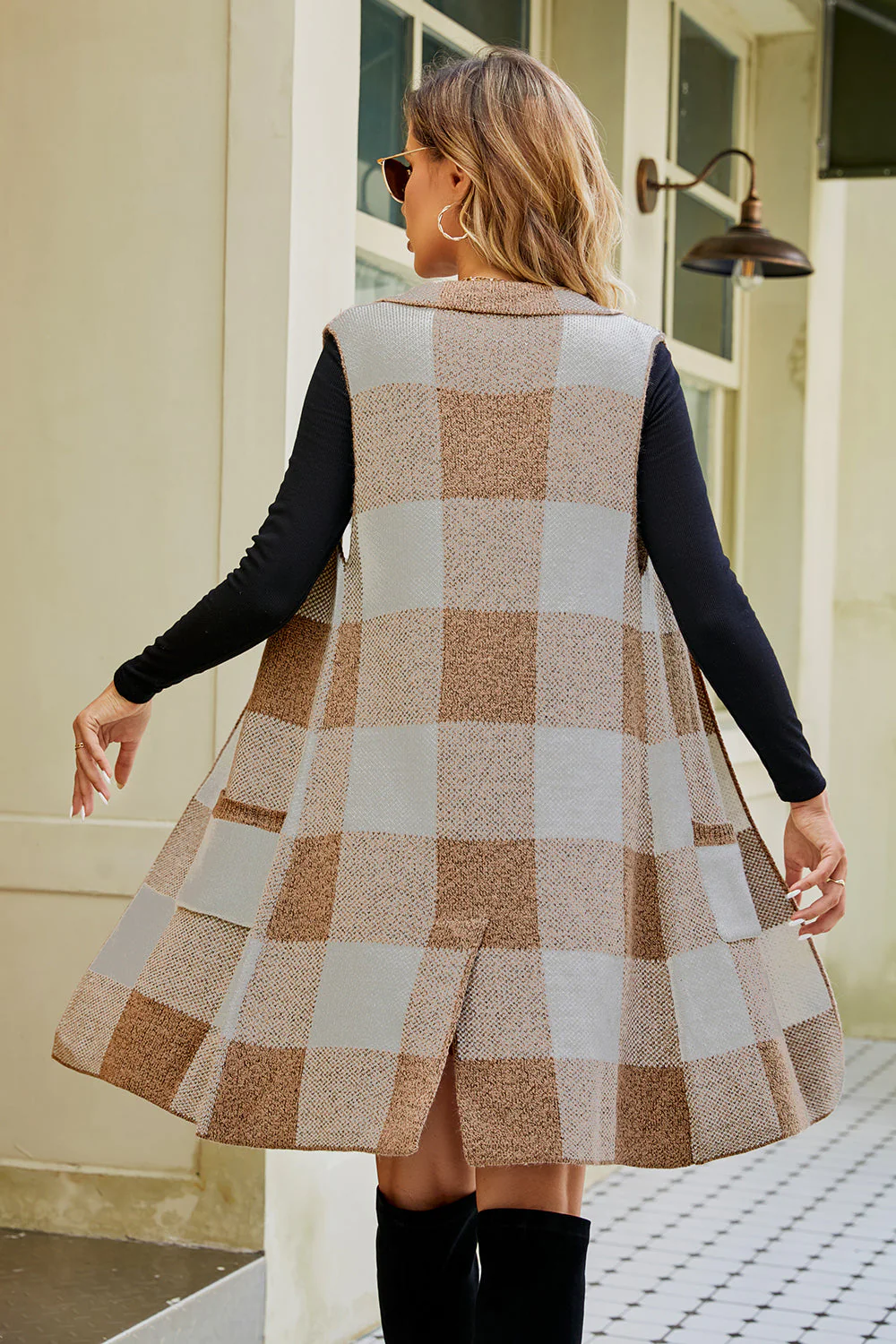 Plaid Open Front Sleeveless Cardigan with Pockets - Image 7