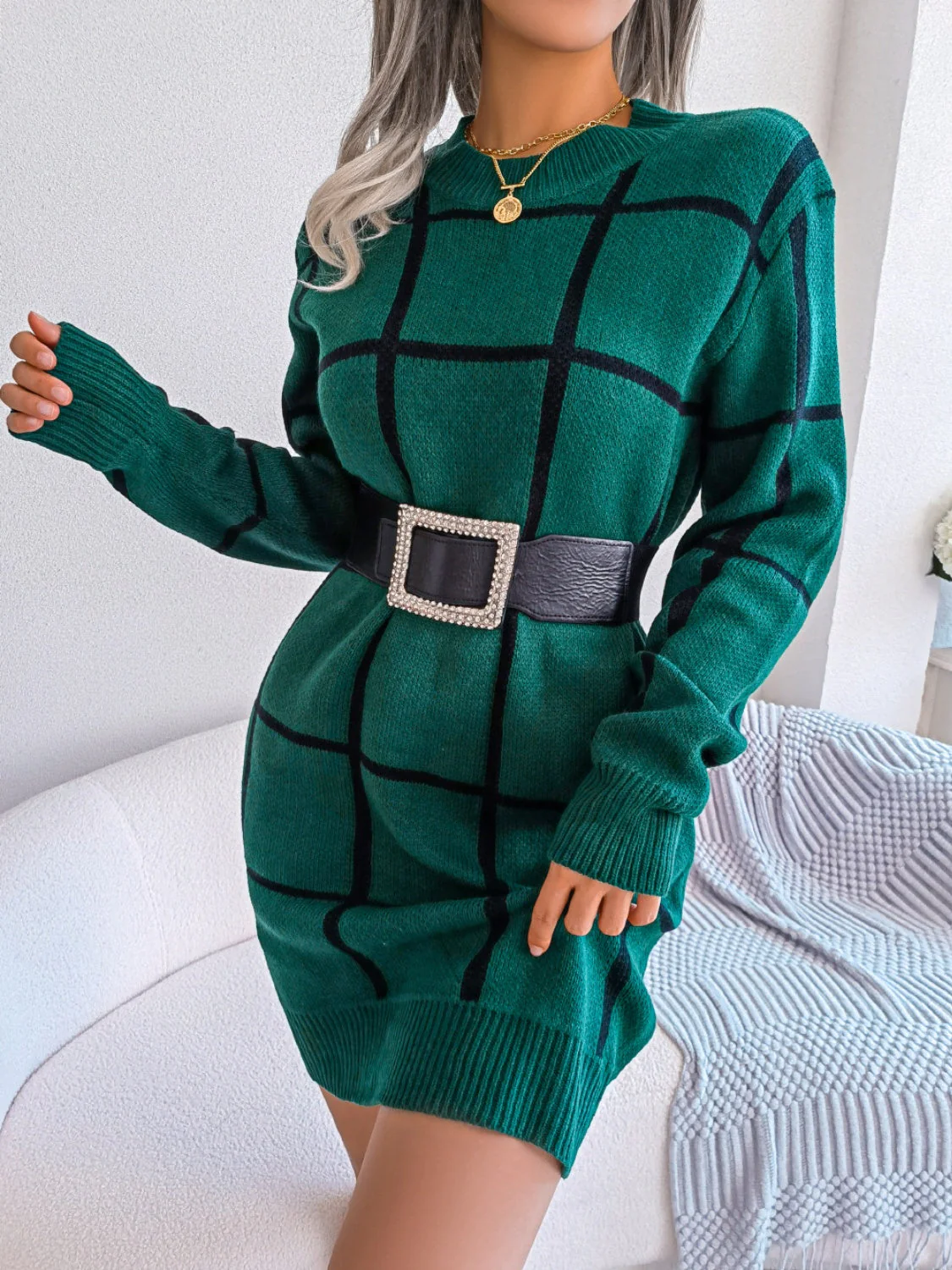 Plaid Round Neck Dropped Shoulder Sweater Dress - Image 2