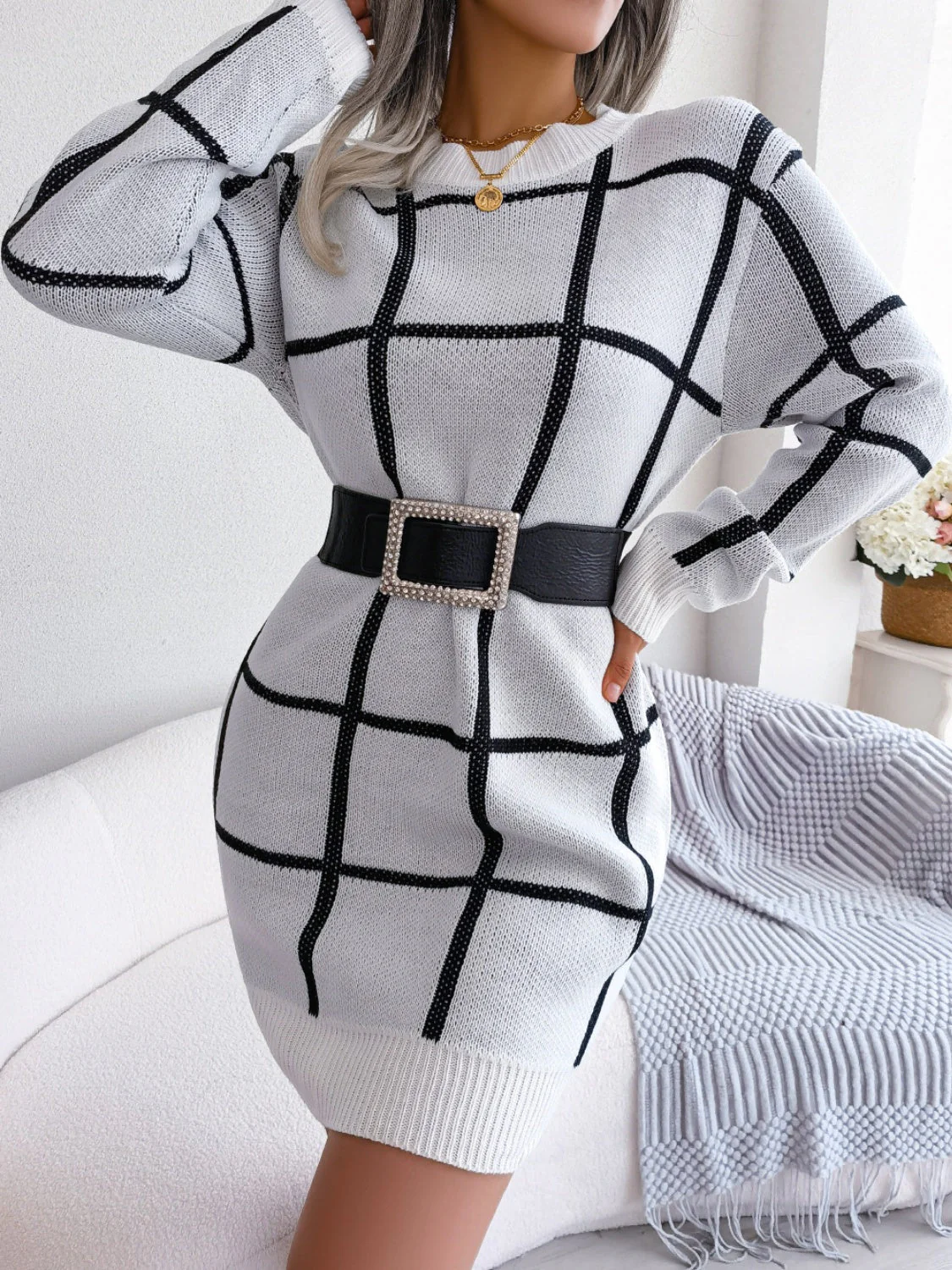Plaid Round Neck Dropped Shoulder Sweater Dress - Image 7