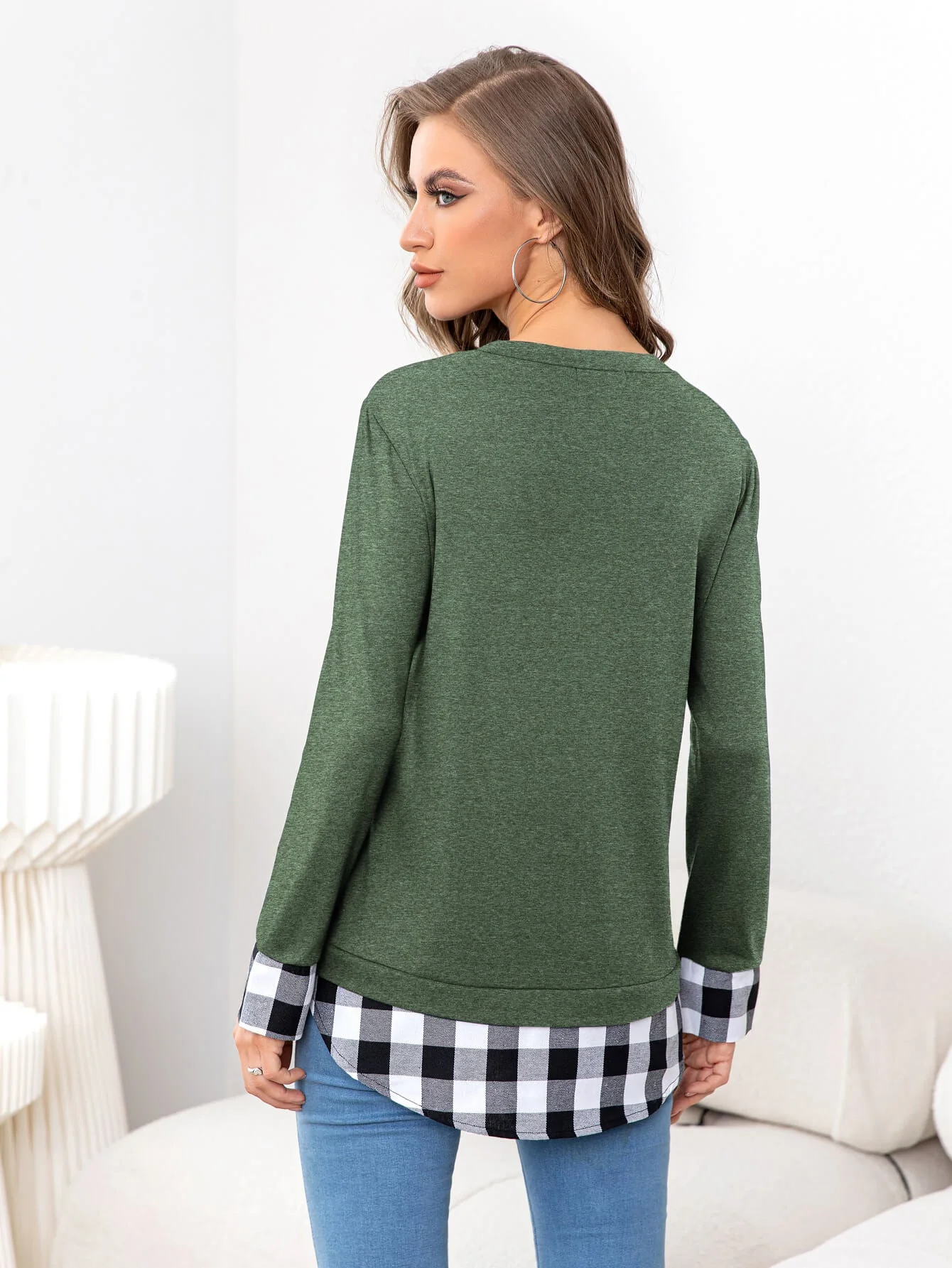 Plaid Round Neck Long Sleeve Tee - Image 2