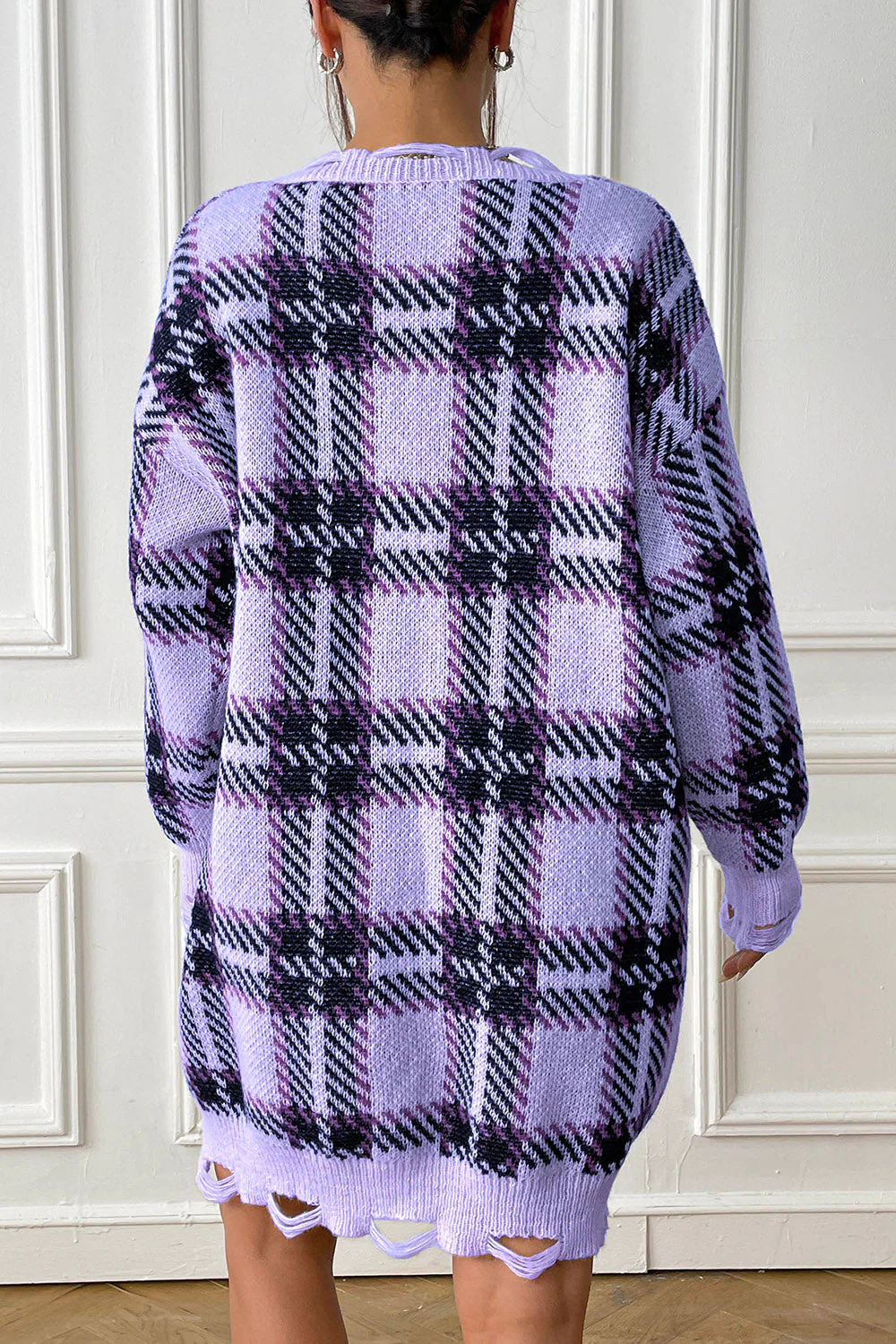 Plaid V-Neck Long Sleeve Sweater Dress - Image 2