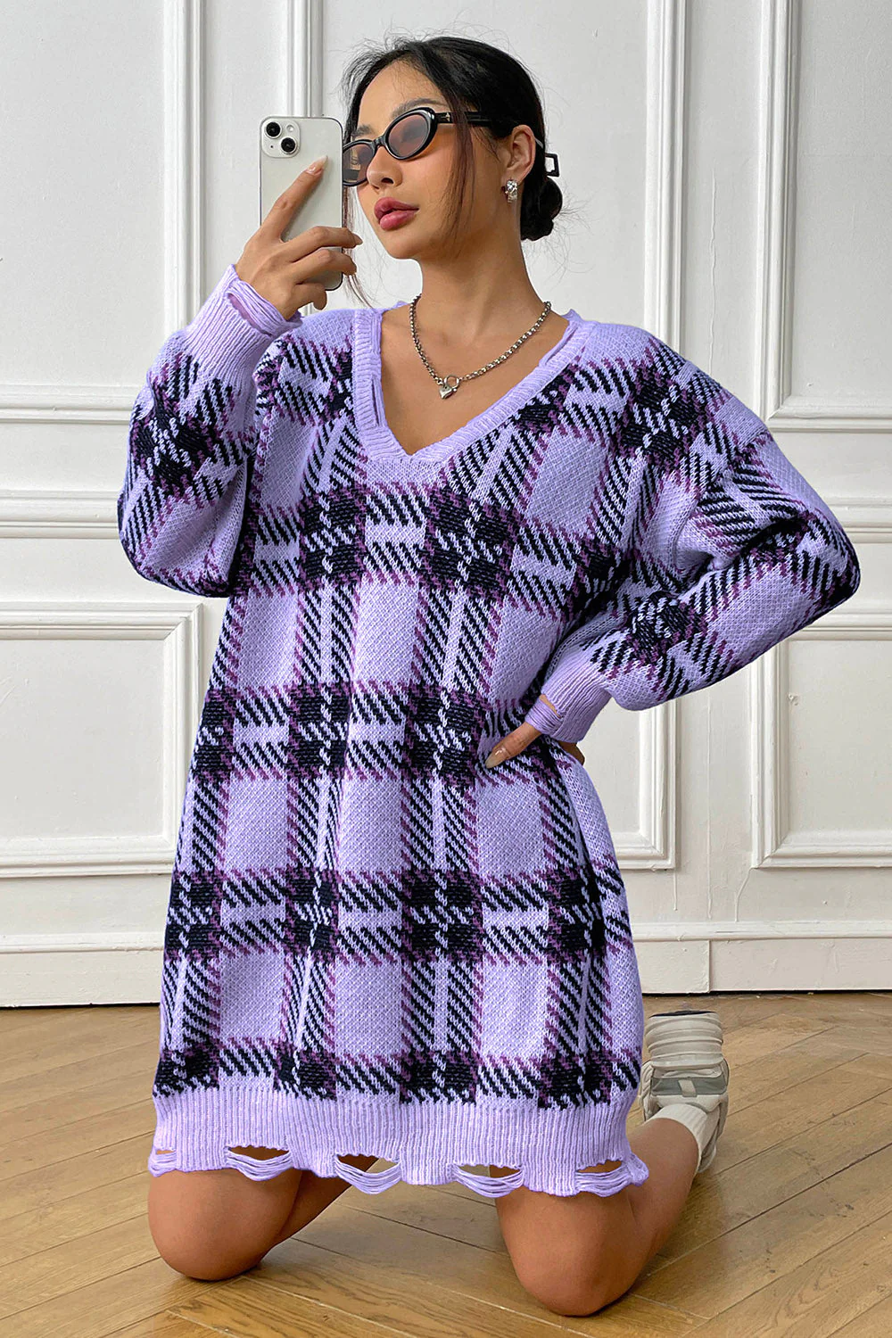 Plaid V-Neck Long Sleeve Sweater Dress - Image 4