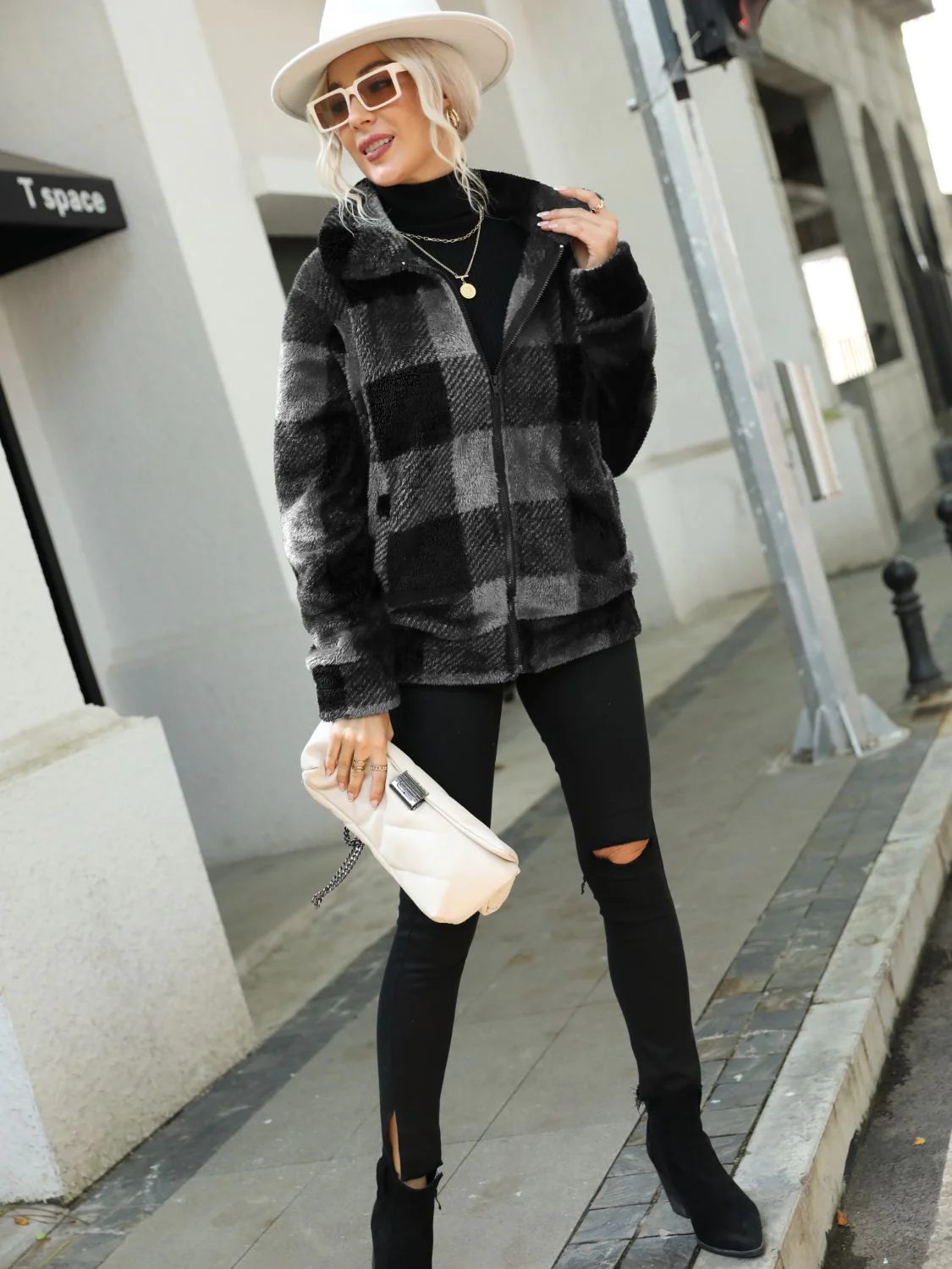 Plaid Zip-Up Collared Jacket - Image 10