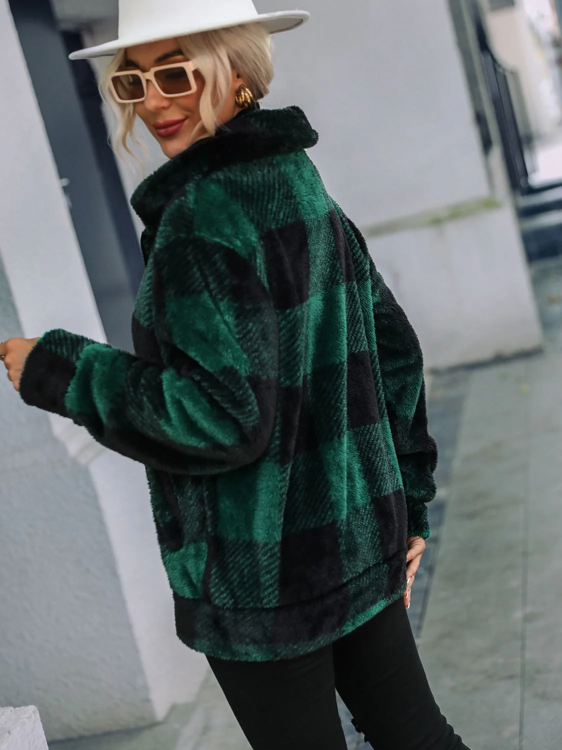 Plaid Zip-Up Collared Jacket - Image 3
