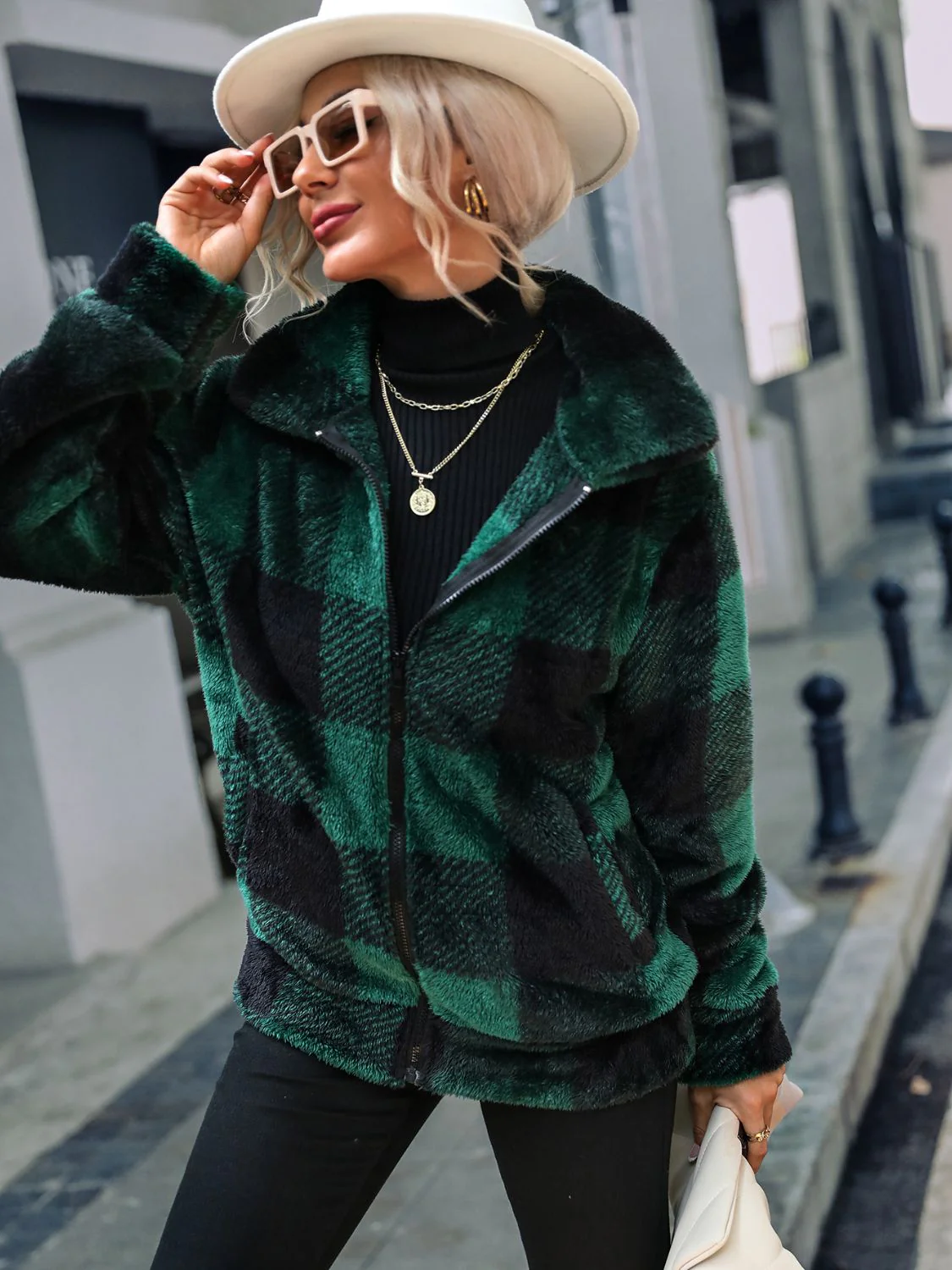 Plaid Zip-Up Collared Jacket - Image 4