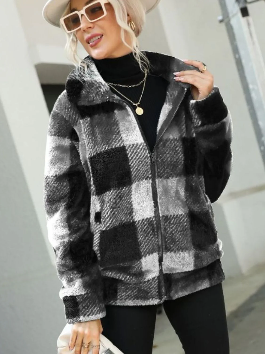 Plaid Zip-Up Collared Jacket - Image 5