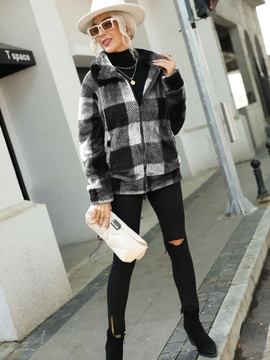 Plaid Zip-Up Collared Jacket - Image 7