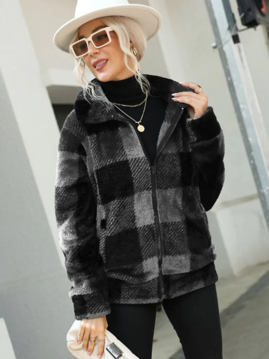 Plaid Zip-Up Collared Jacket - Image 8