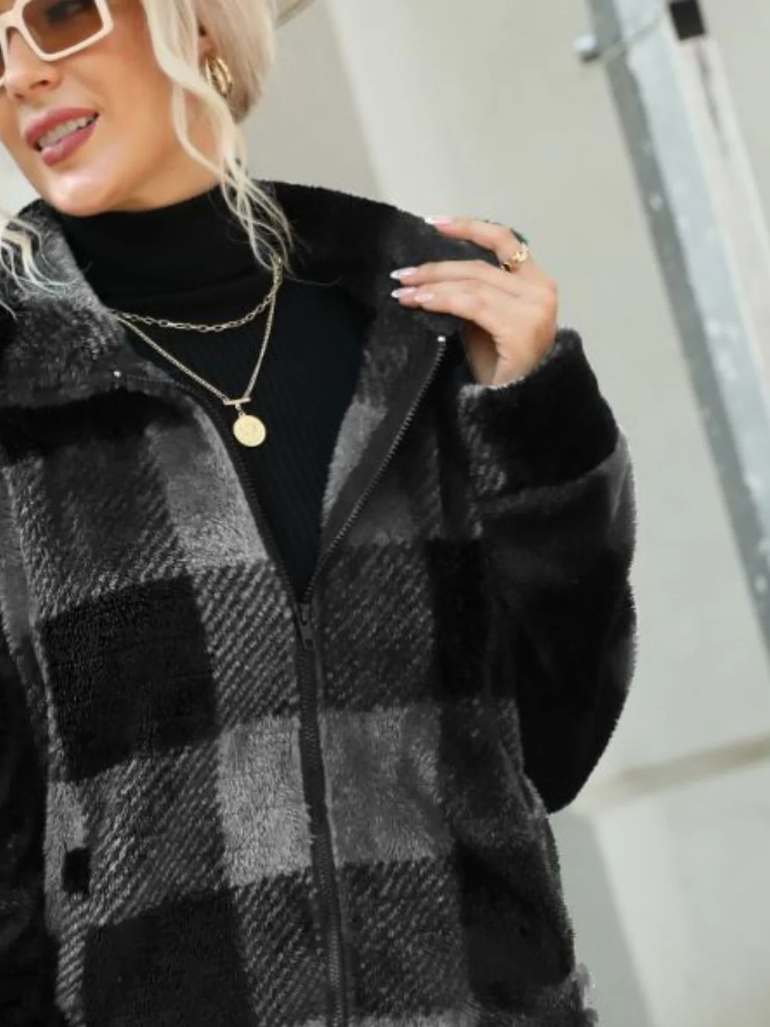 Plaid Zip-Up Collared Jacket - Image 9