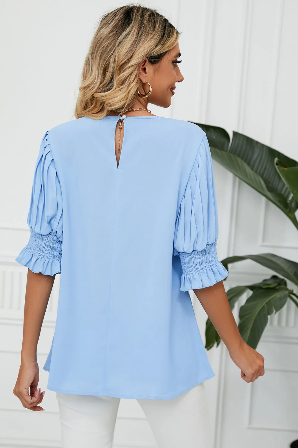 Pleated Flounce Sleeve Keyhole Blouse - Image 2