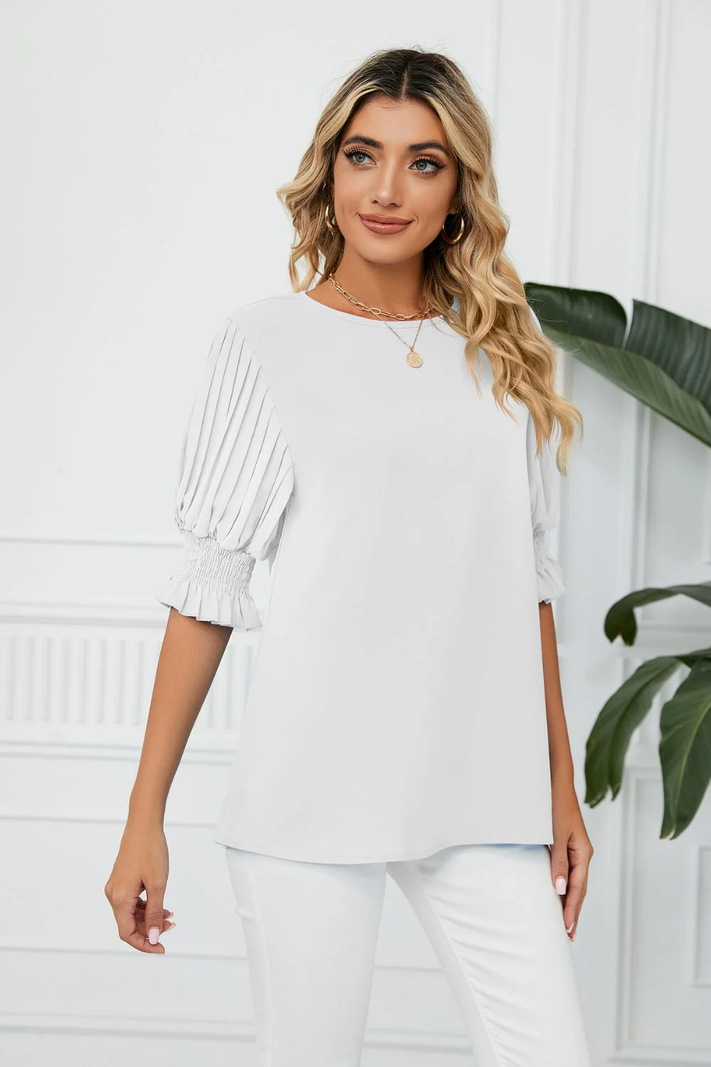Pleated Flounce Sleeve Keyhole Blouse - Image 4