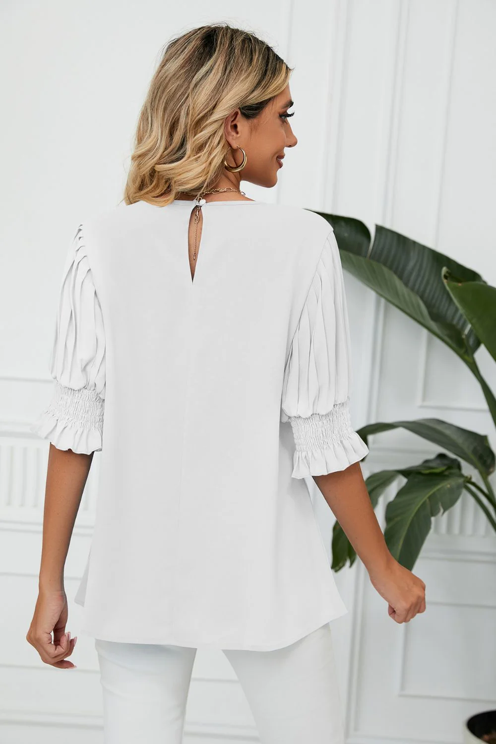 Pleated Flounce Sleeve Keyhole Blouse - Image 5