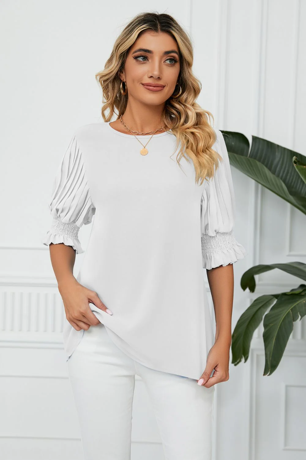 Pleated Flounce Sleeve Keyhole Blouse - Image 6