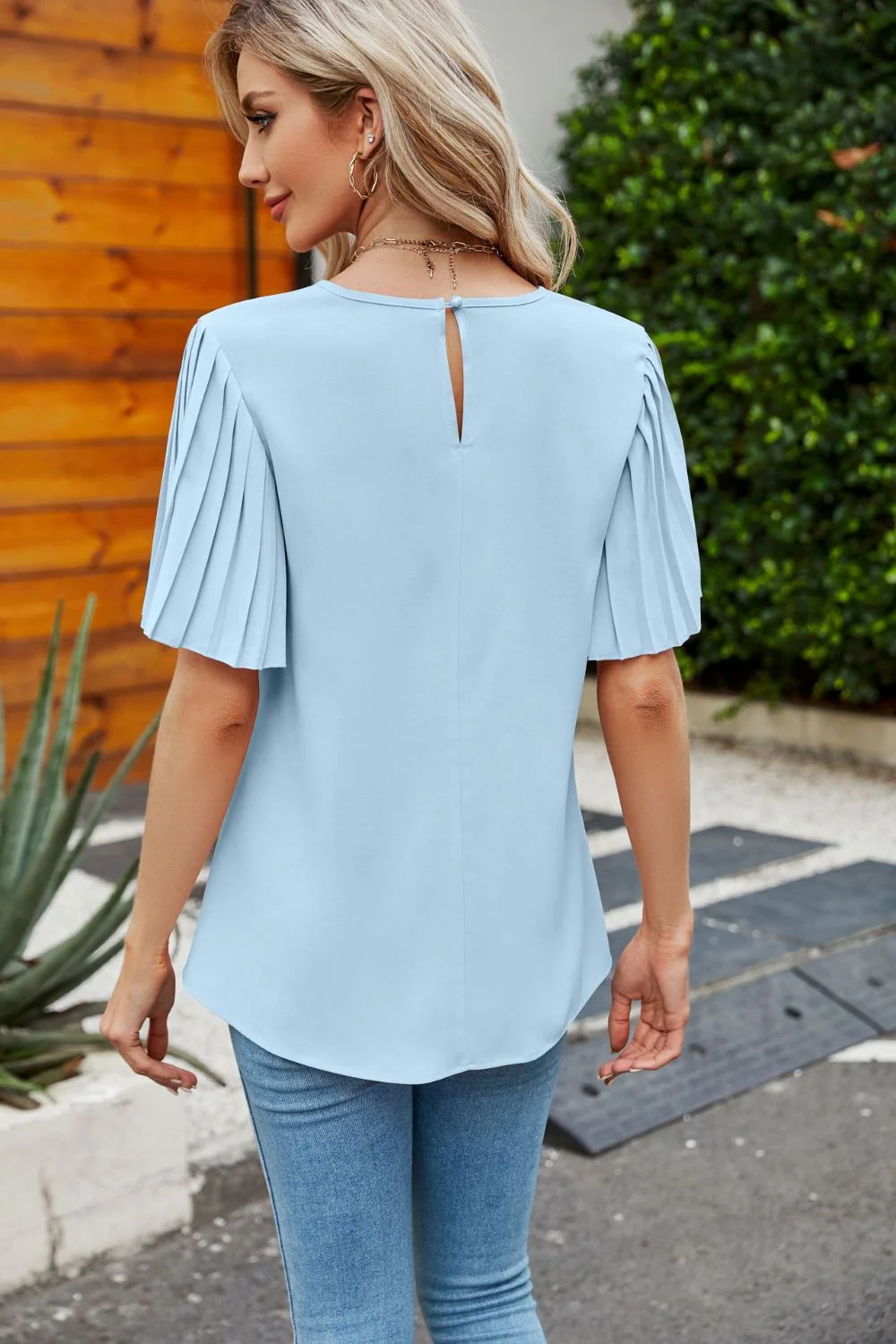 Pleated Flutter Sleeve Round Neck Blouse - Image 15