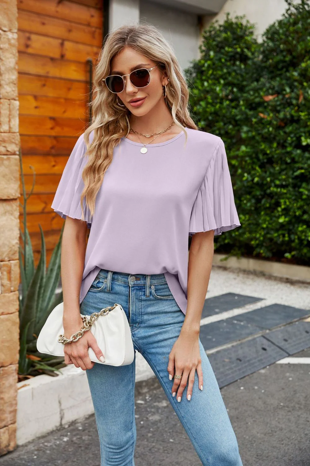 Pleated Flutter Sleeve Round Neck Blouse - Image 17