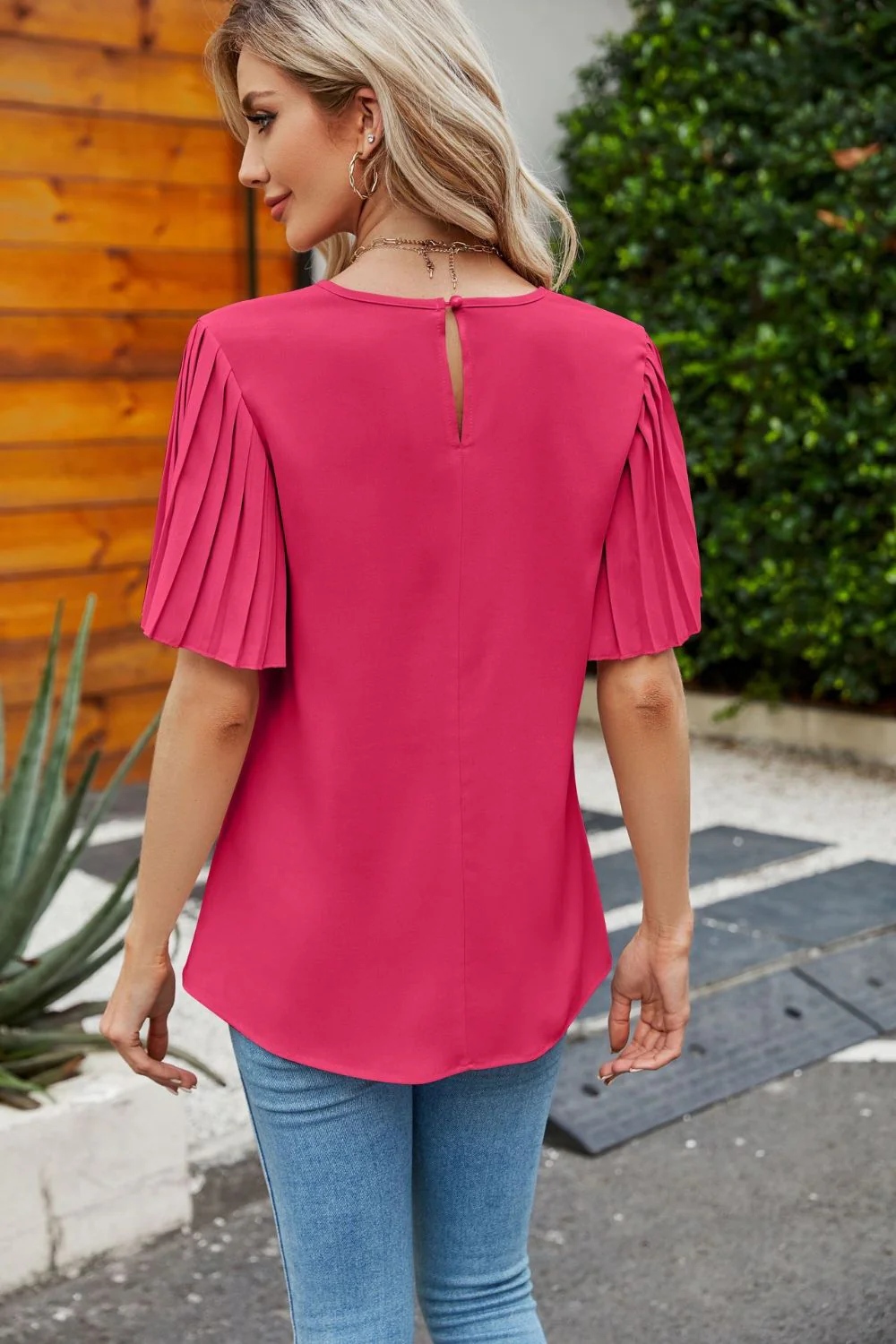Pleated Flutter Sleeve Round Neck Blouse - Image 2