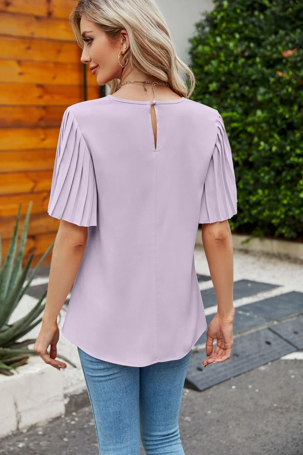 Pleated Flutter Sleeve Round Neck Blouse - Image 20