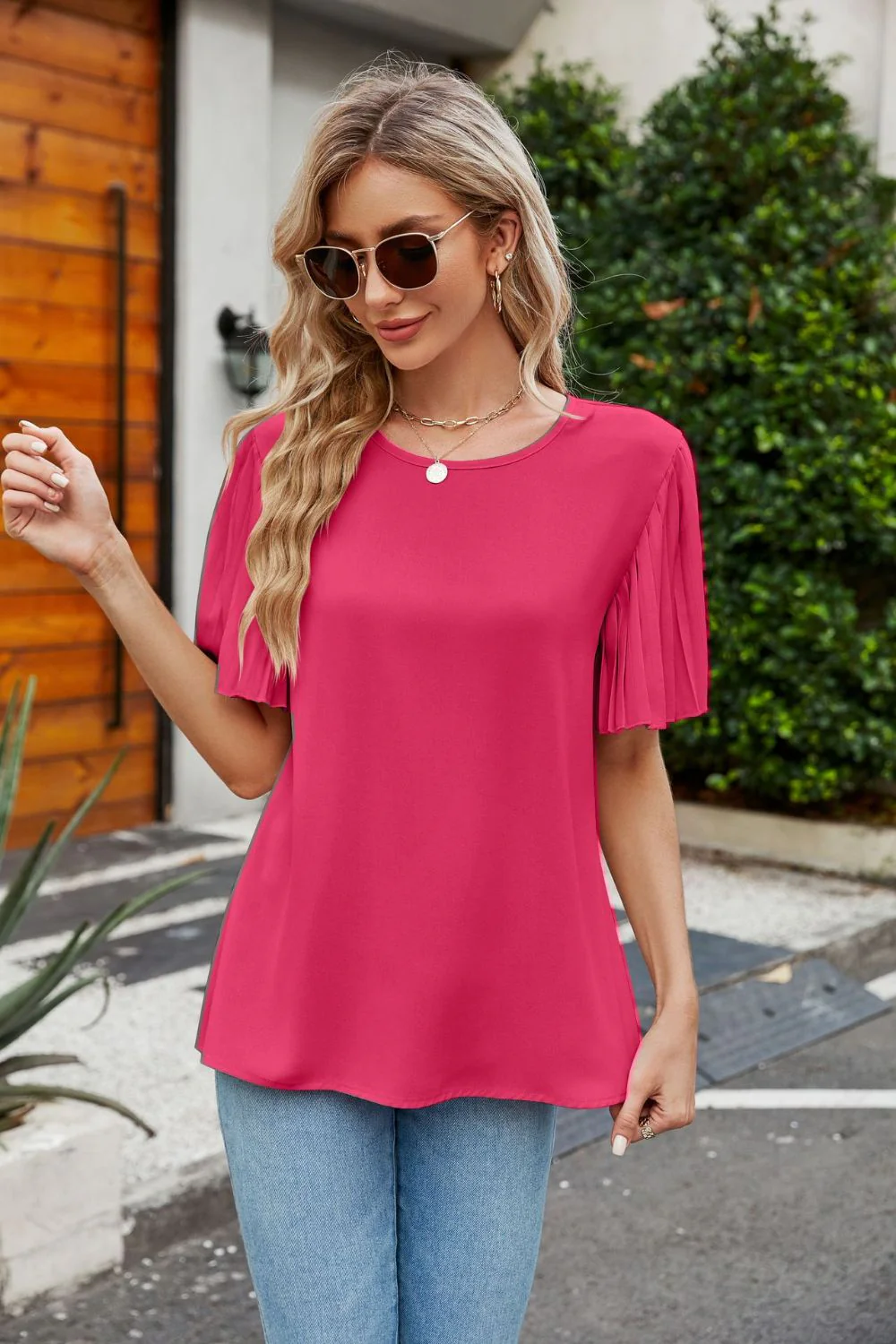 Pleated Flutter Sleeve Round Neck Blouse - Image 3