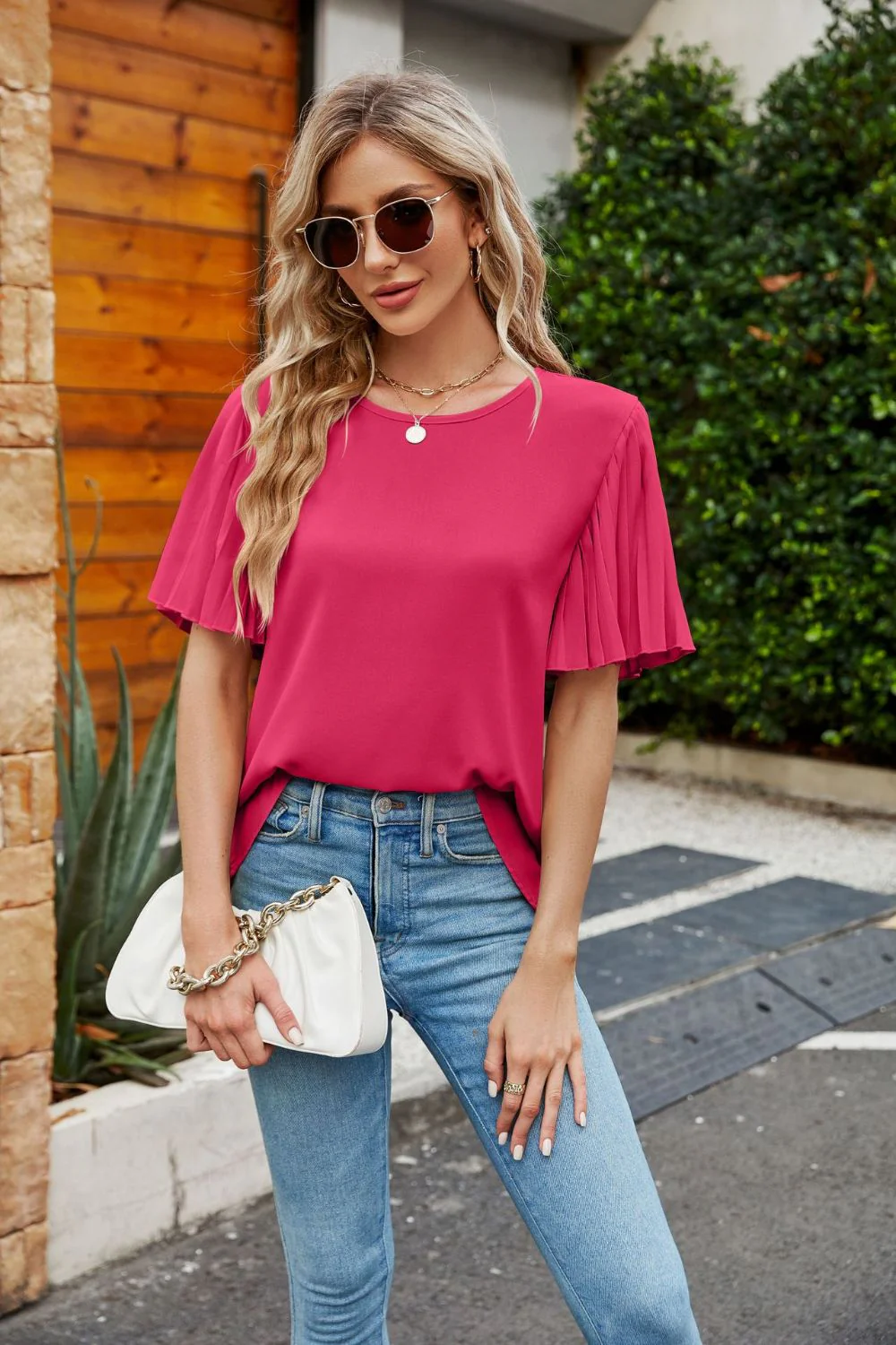 Pleated Flutter Sleeve Round Neck Blouse - Image 4