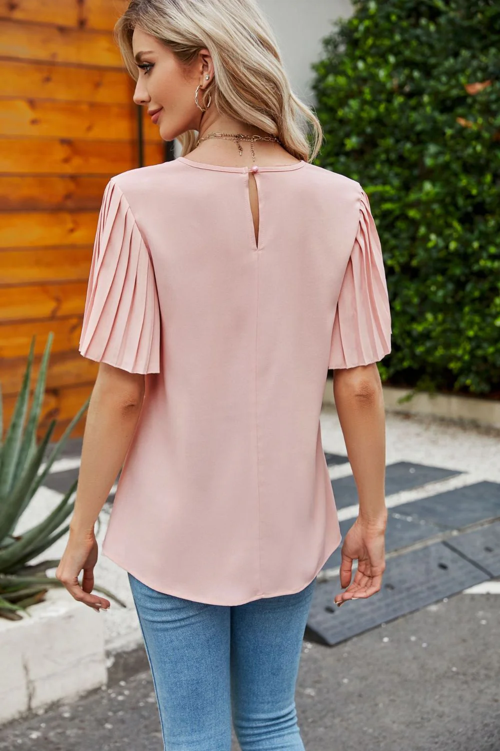 Pleated Flutter Sleeve Round Neck Blouse - Image 8