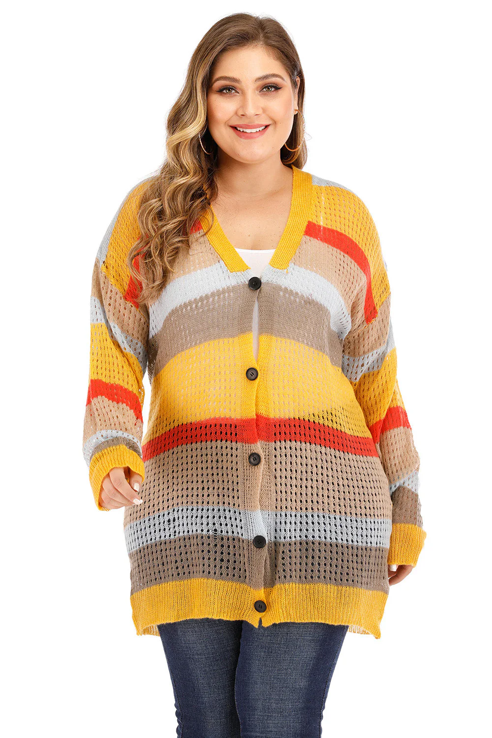 Plus Openwork Color Block Button Up Cardigan - Image 3