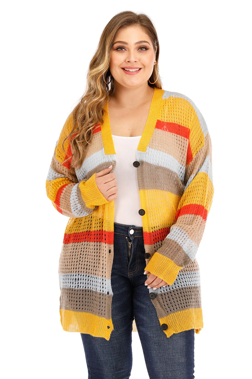 Plus Openwork Color Block Button Up Cardigan - Image 4