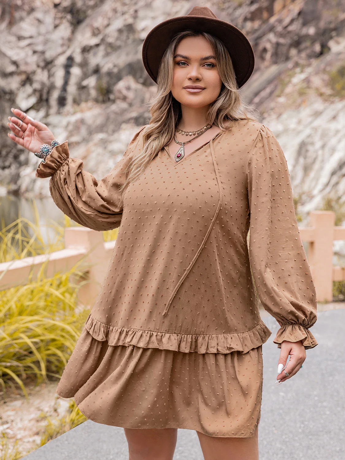 Plus Size Dot Flounce Sleeve Mini Dress - Image 3