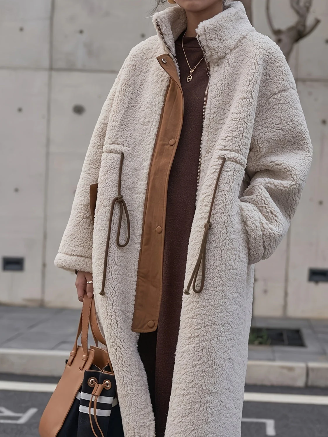 Plus Size Drawstring Zip Up Turtleneck Sherpa Coat - Image 3