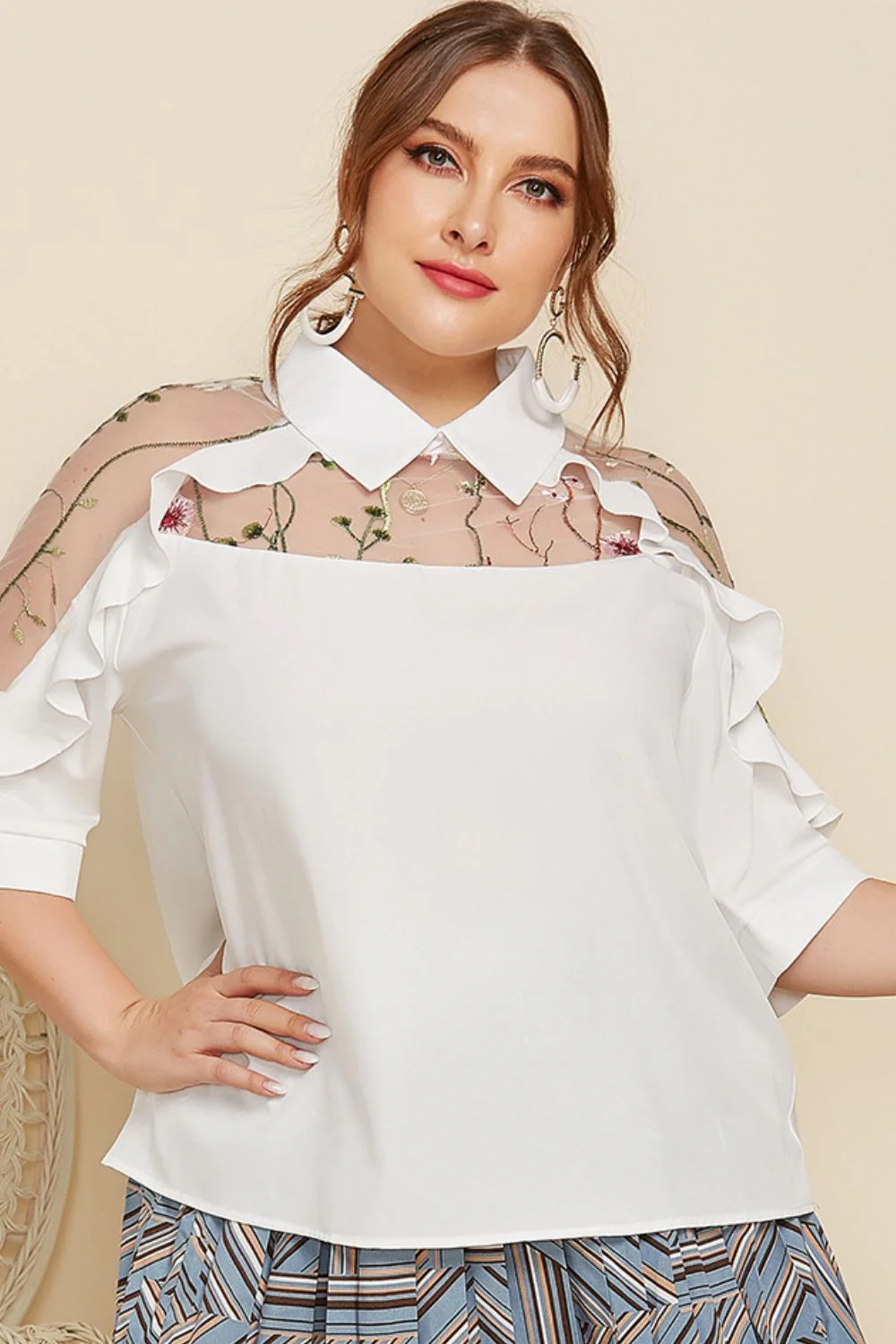 Plus Size Embroidered Ruffle Trim Collared Half Sleeve Blouse - Image 3