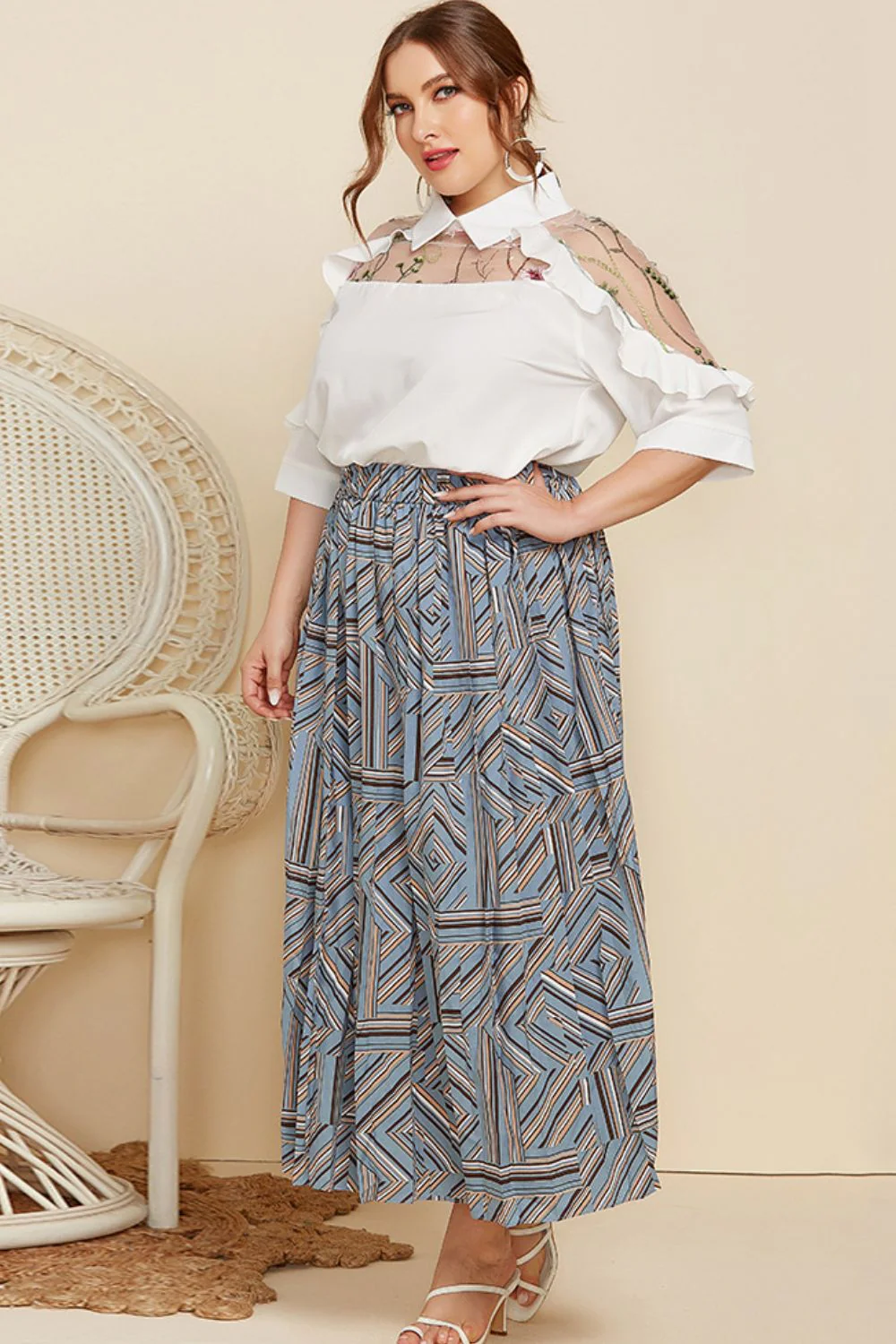 Plus Size Embroidered Ruffle Trim Collared Half Sleeve Blouse - Image 6